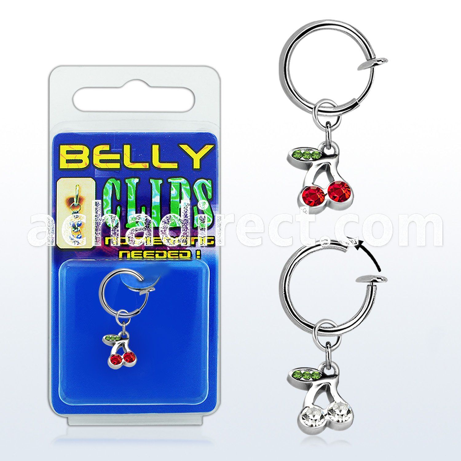 blcpt85 fake belly clip w dangling crystal cherries in package