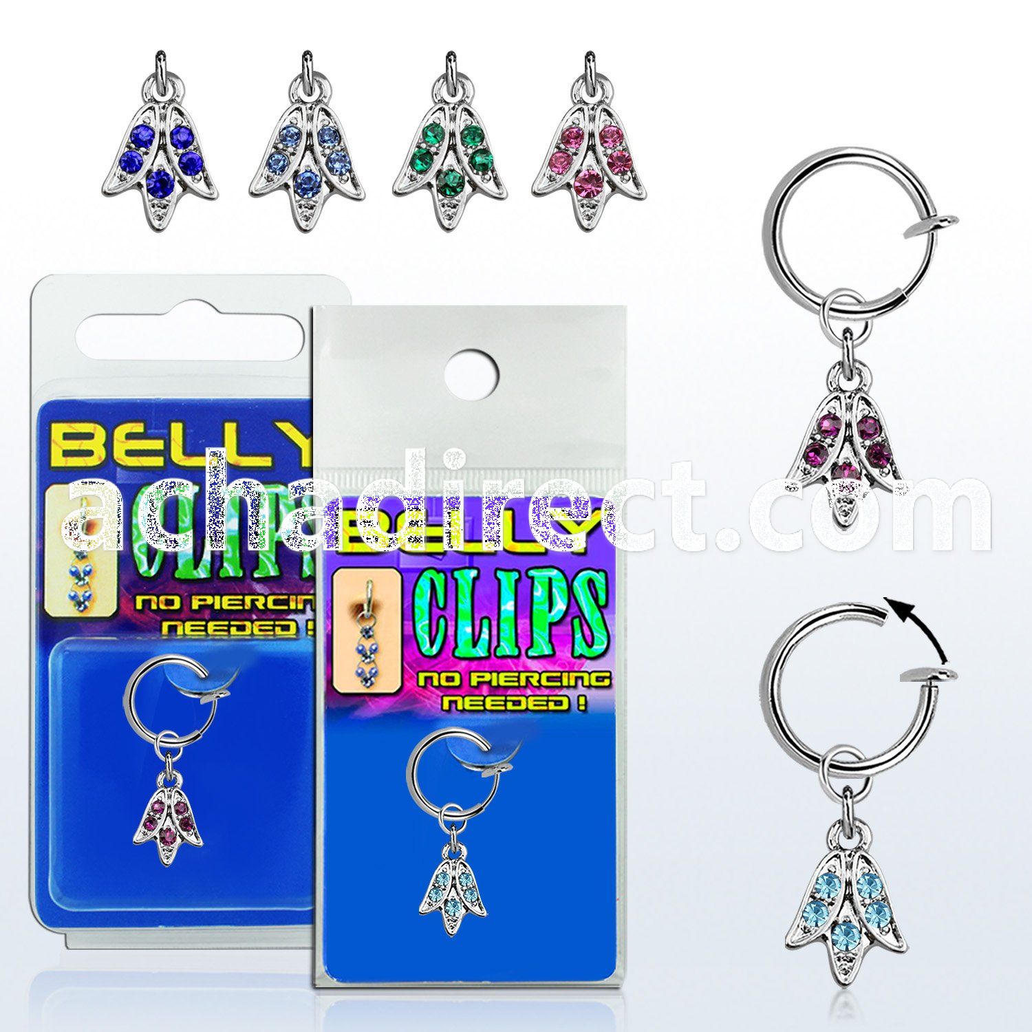 blcptu1 fake belly clip w a dangling crystal tulip flower 