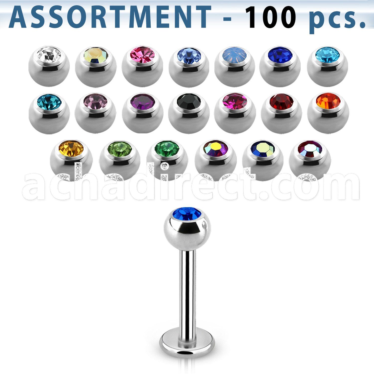 blk05 bulk of 316l steel labrets w 3mm bezel set jewel balls