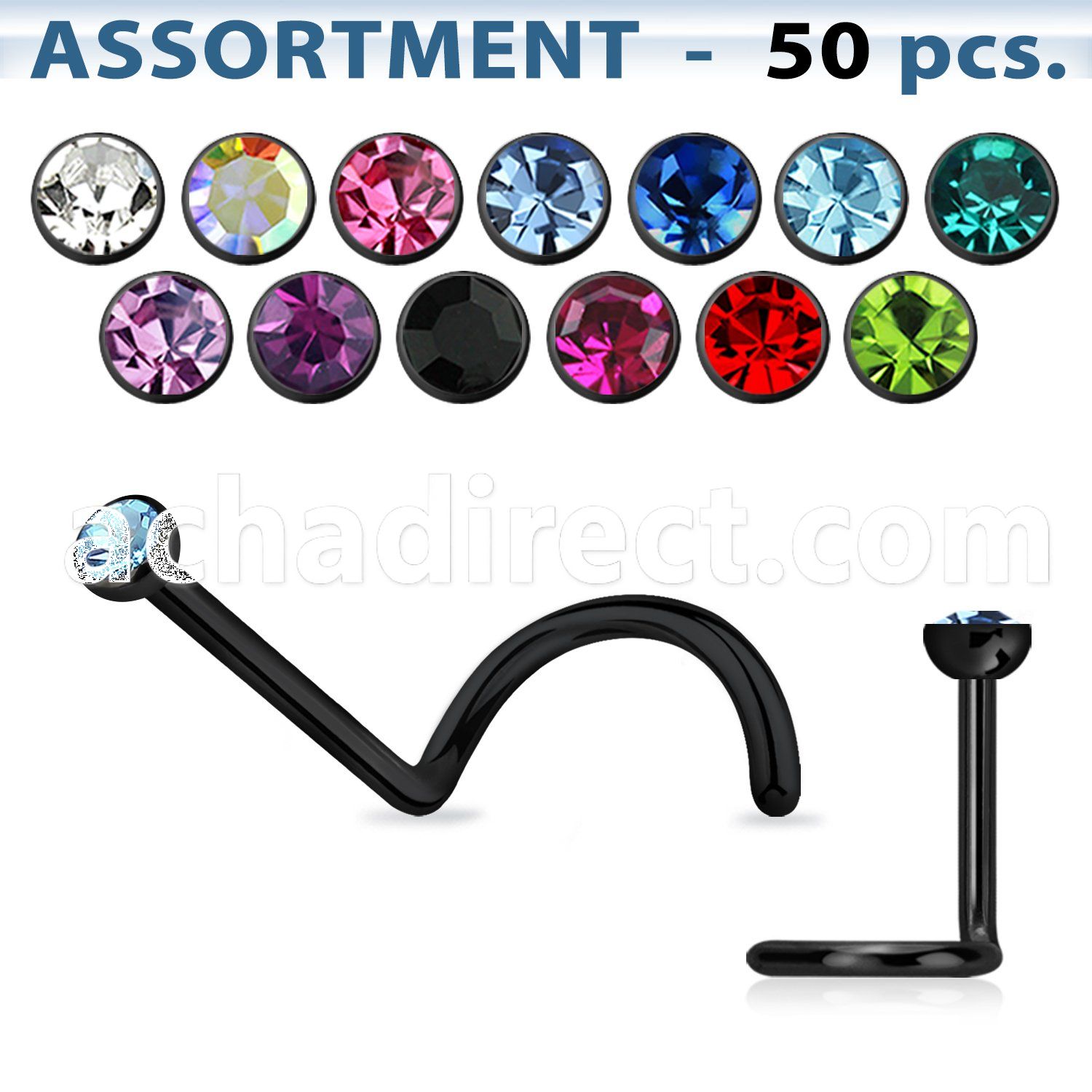 blk176 anodized 316l steel nose screw w colored crystal top