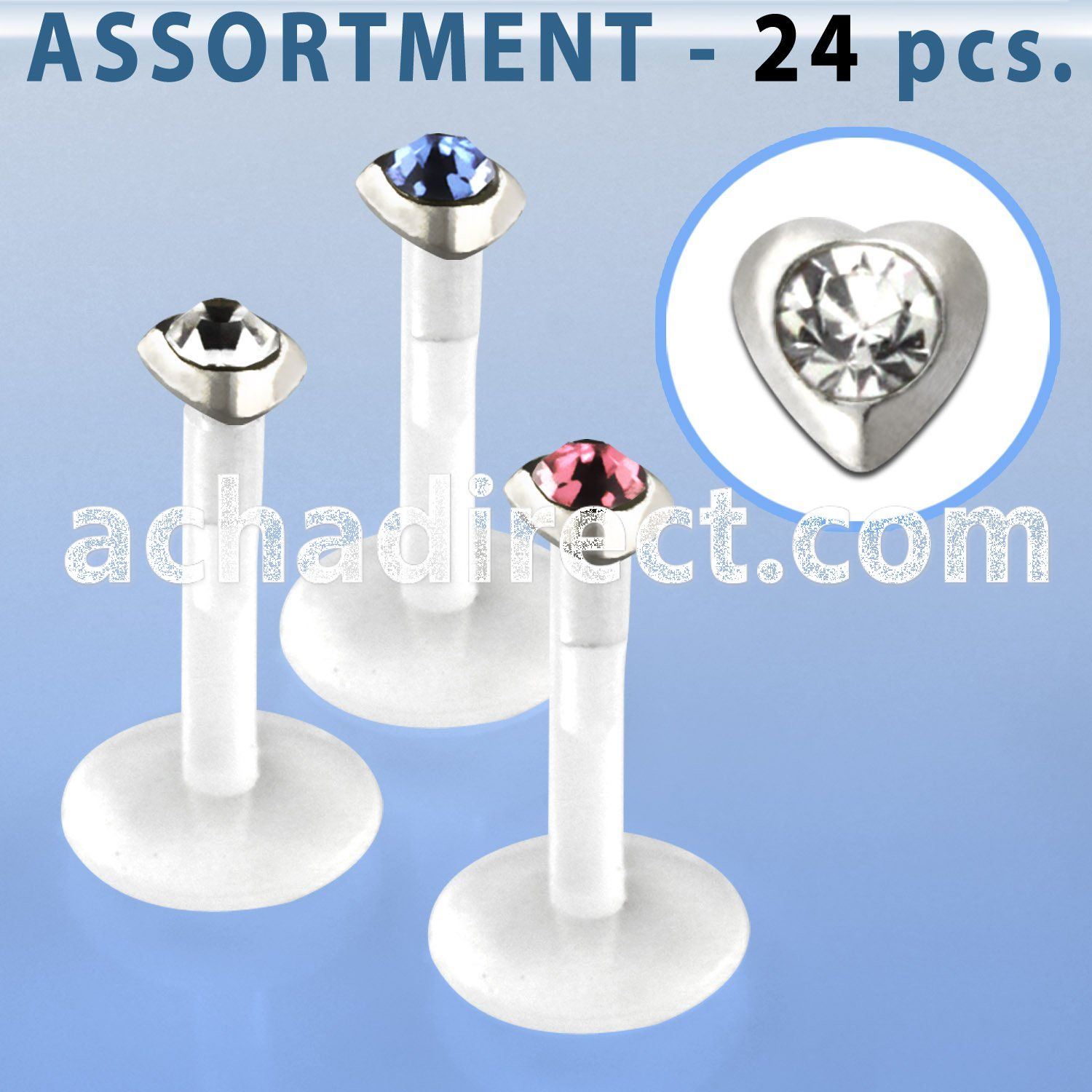 blk181 bio flex labret with silver heart top w central crystal