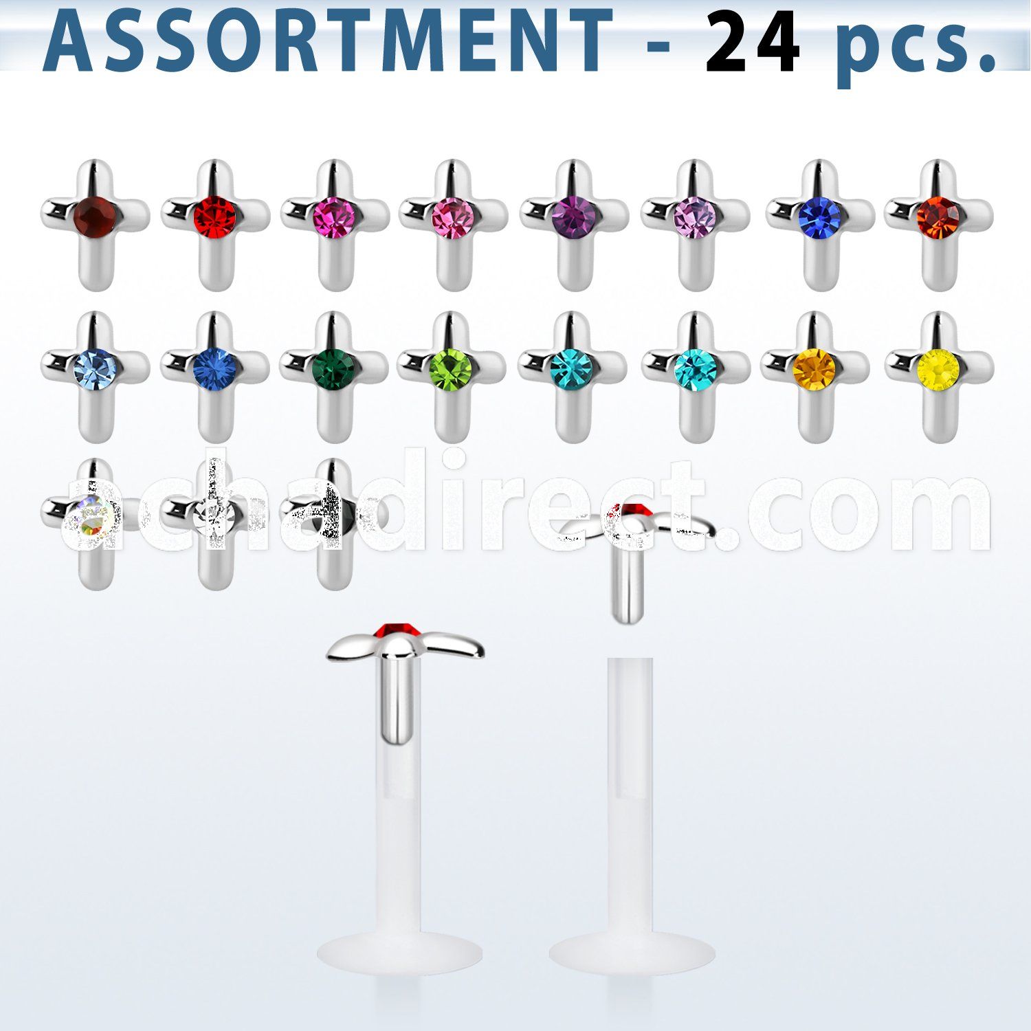 blk182 bio flex labret with silver cross top w central crystal