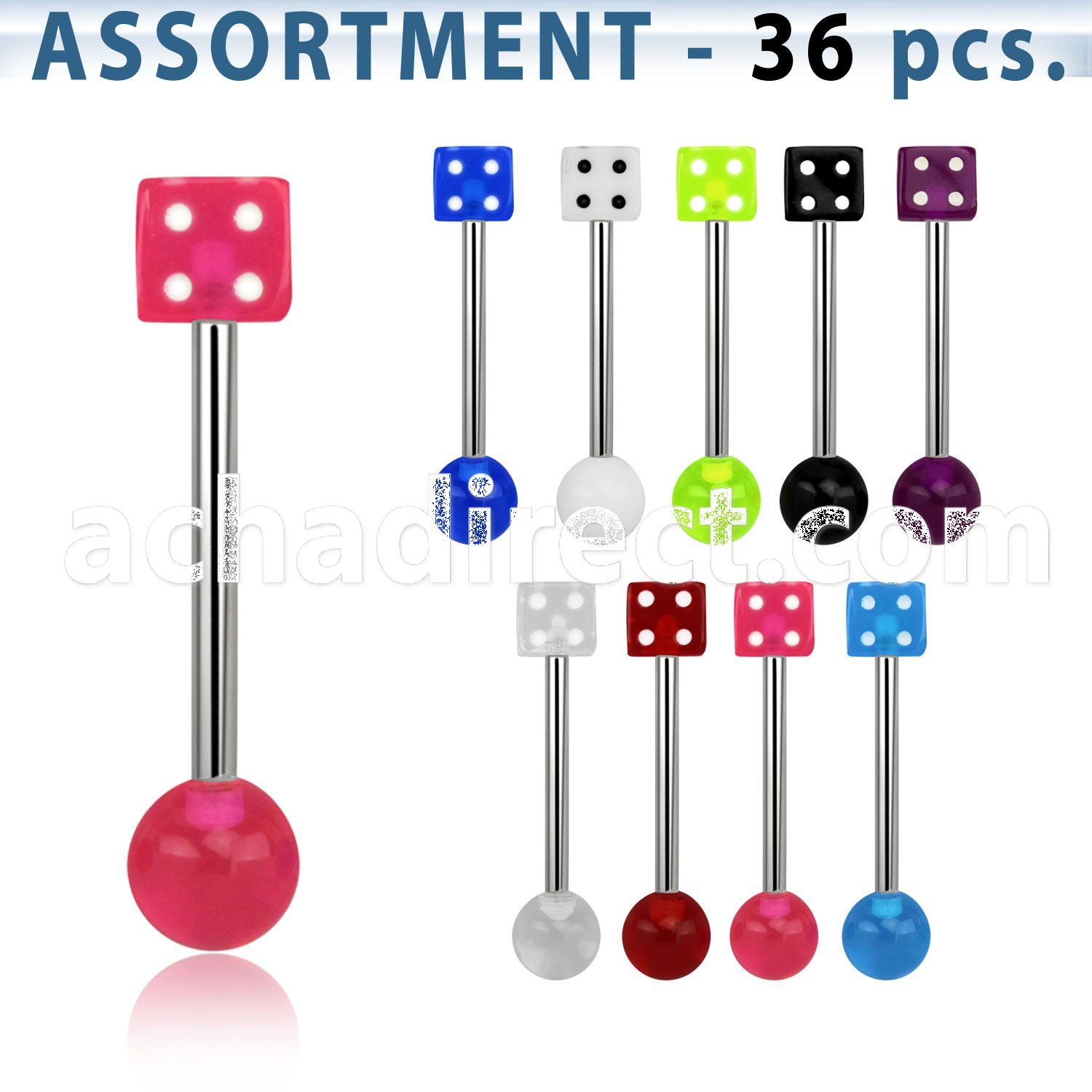 blk201 316l tongue barbell with a 5mm acrylic uv dice