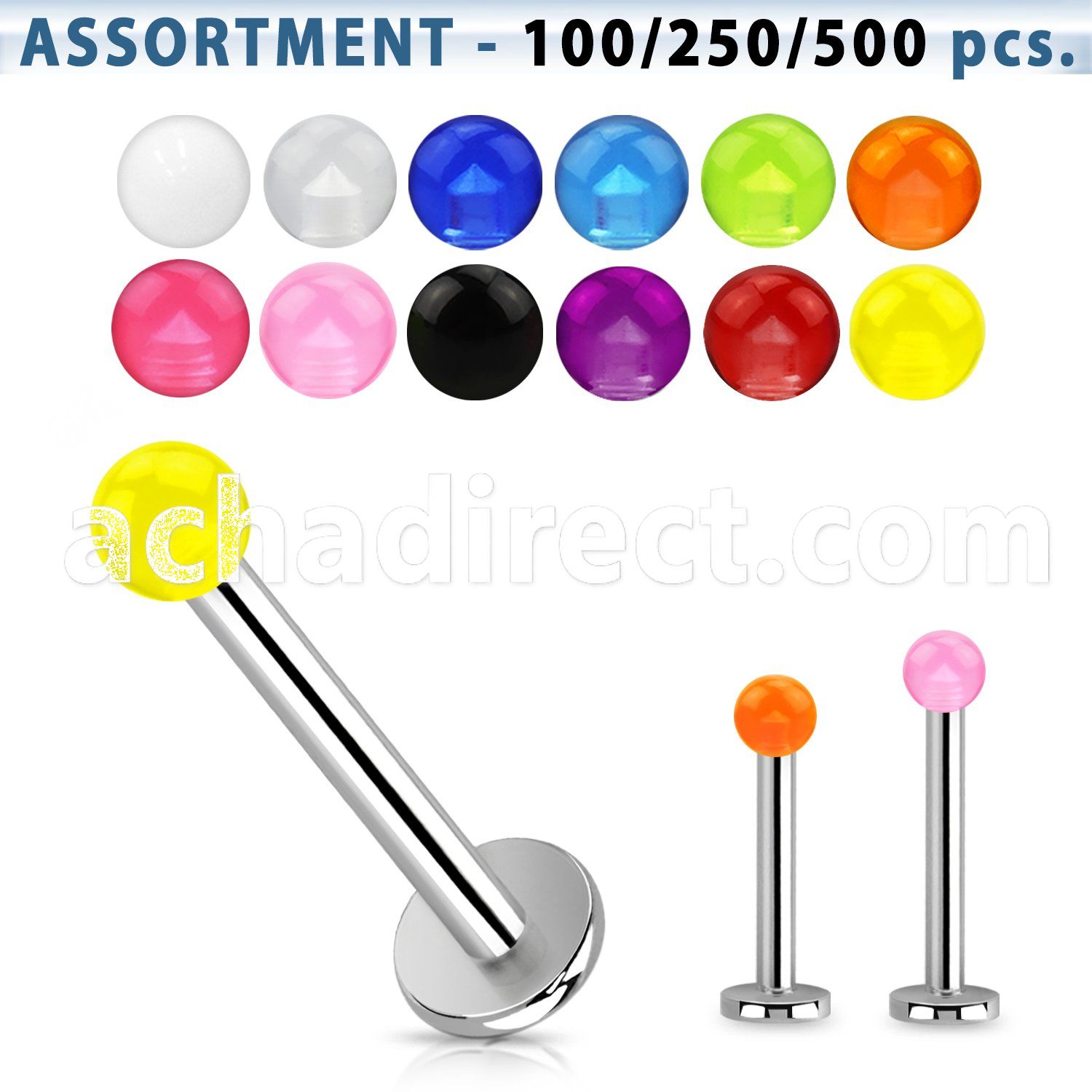 blk232 bulk of 316l steel labret with 3mm acrylic uv balls