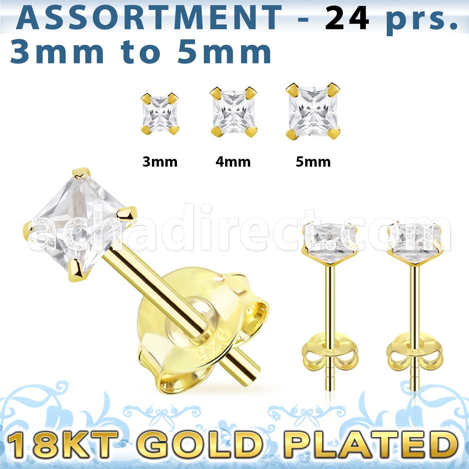blk265s 18k gold plated silver ear stud with 3 5mm square cz