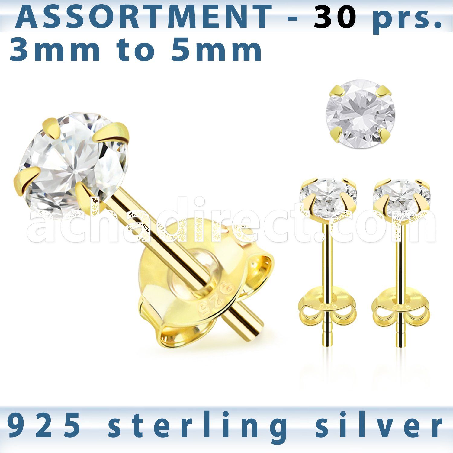 blk266s 18k gold plated silver ear stud with prong round cz