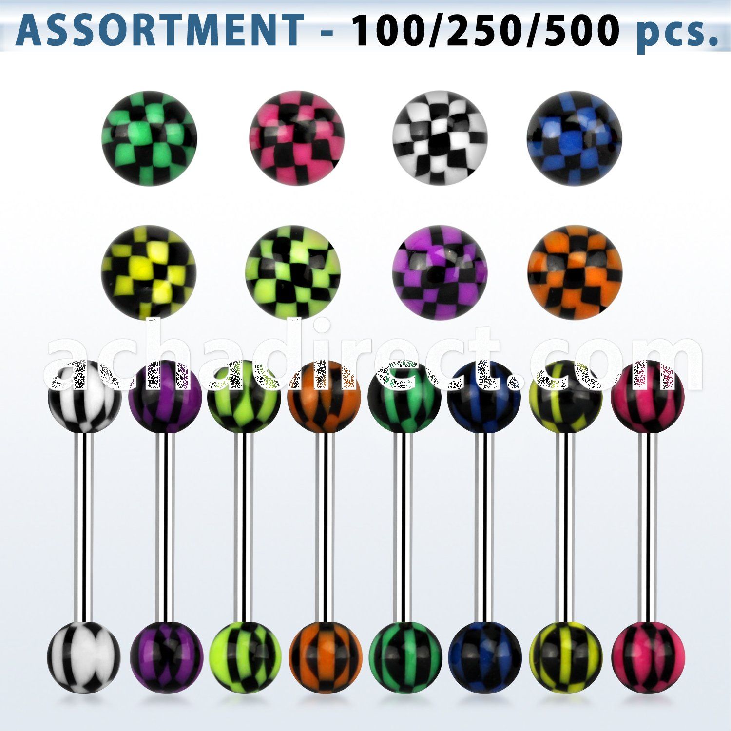 blk321 316l tongue barbell with 6mm acrylic checkered ball