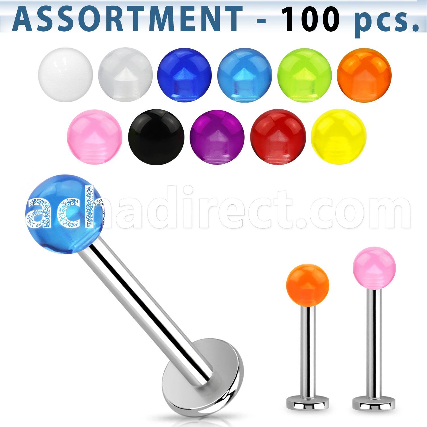 blk32 bulk of 316l steel labrets with 4mm acrylic uv balls