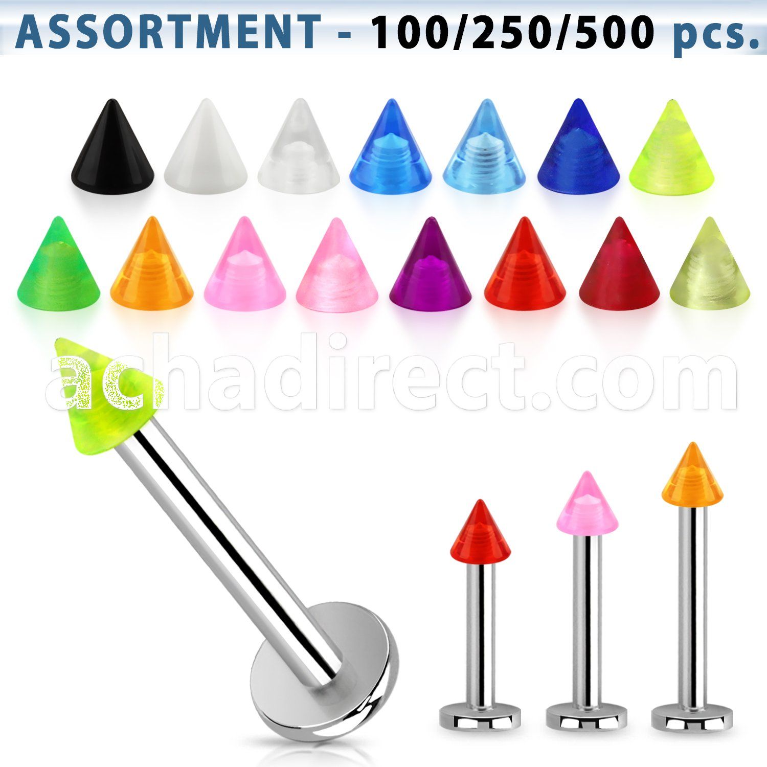 blk347 bulk of 316l steel labret with 3mm acrylic uv cones