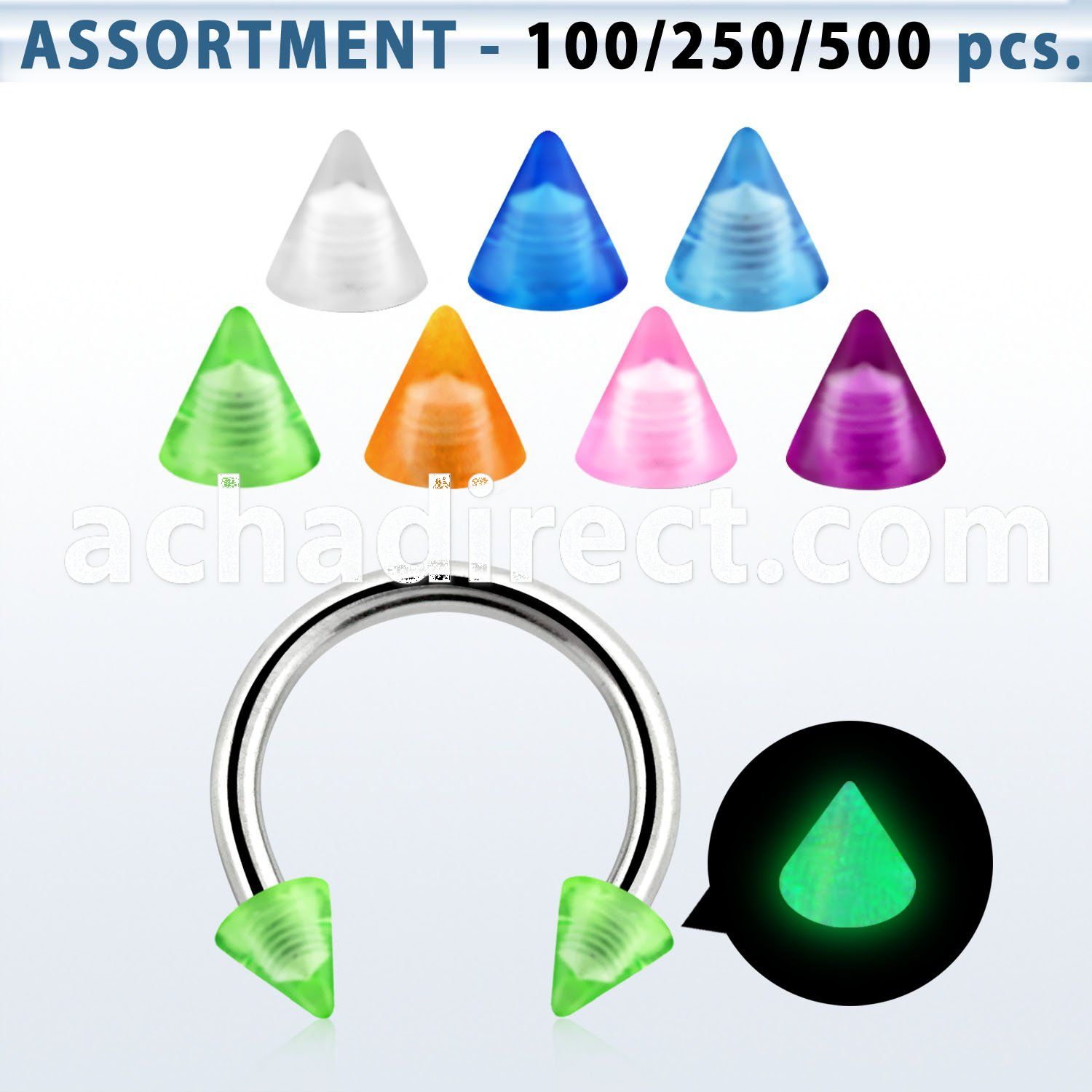 blk362 316l steel circular barbell w 3mm acrylic luminous cone