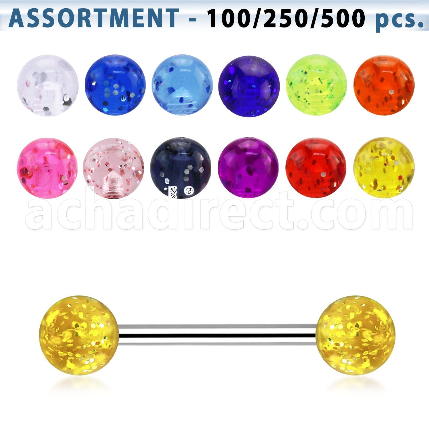 blk367 bulk of 316l steel tongue barbell with 6mm glitter balls