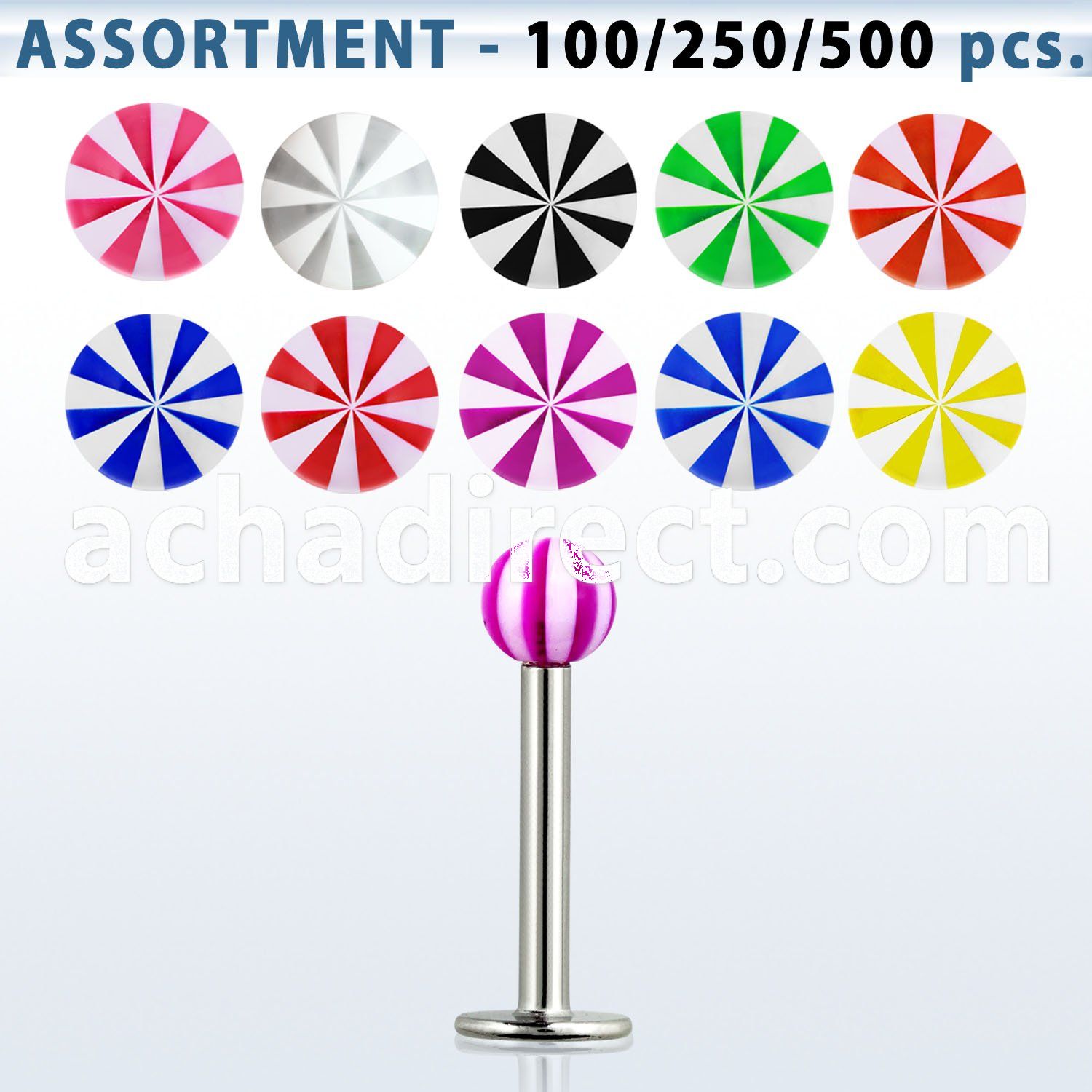 blk371 bulk of 316l steel labret with 3mm uv beach ball