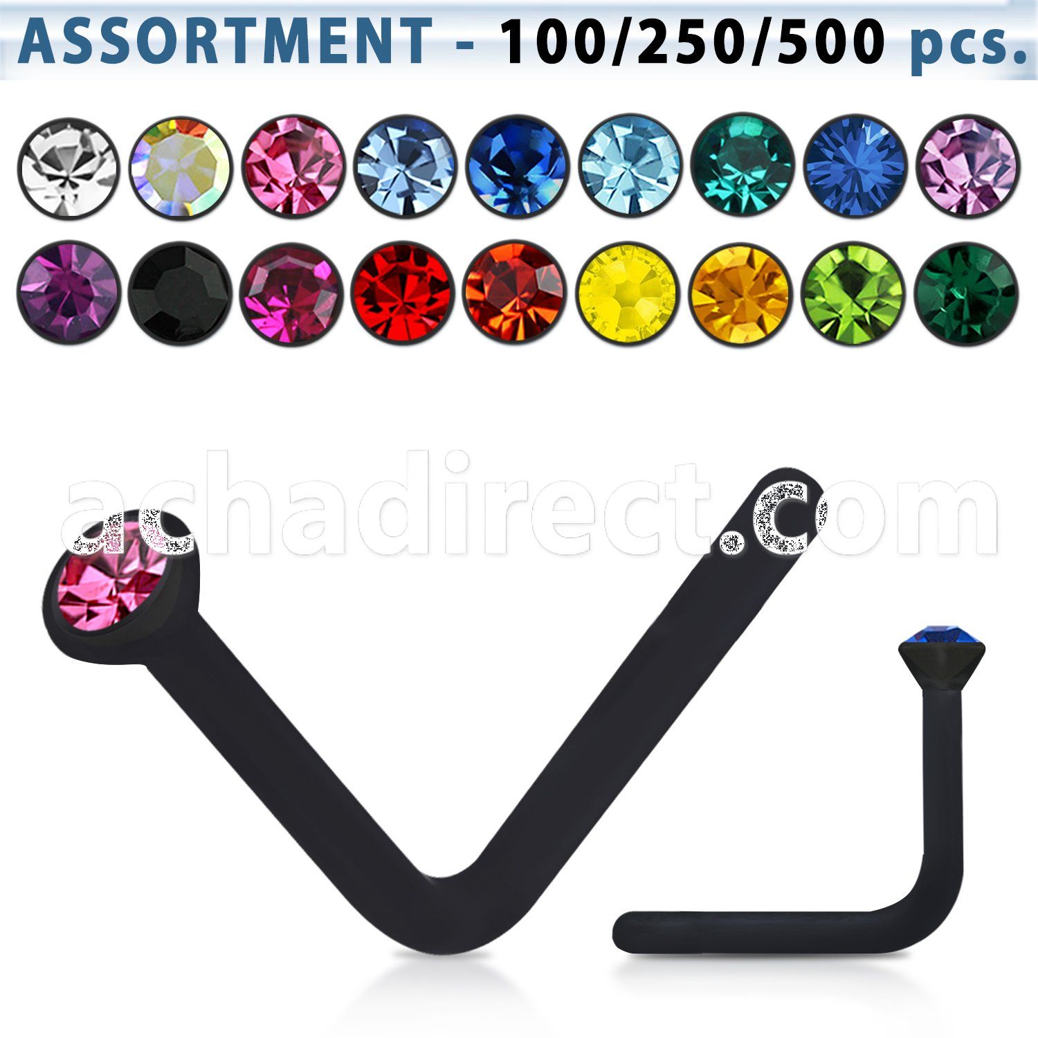 blk424 black acrylic nose stud with 2mm round crystal top