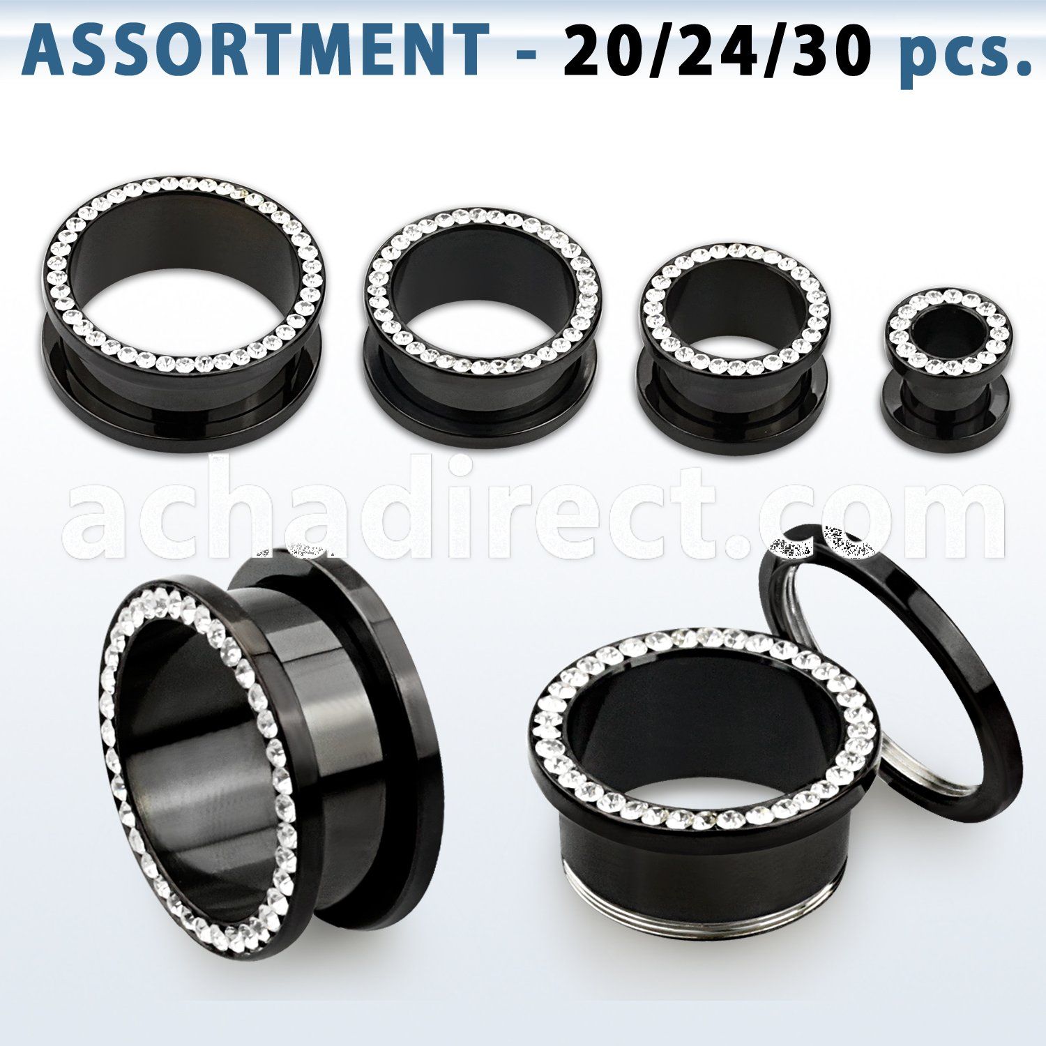 blk432 black acrylic screw fit flesh tunnel with clear crystal