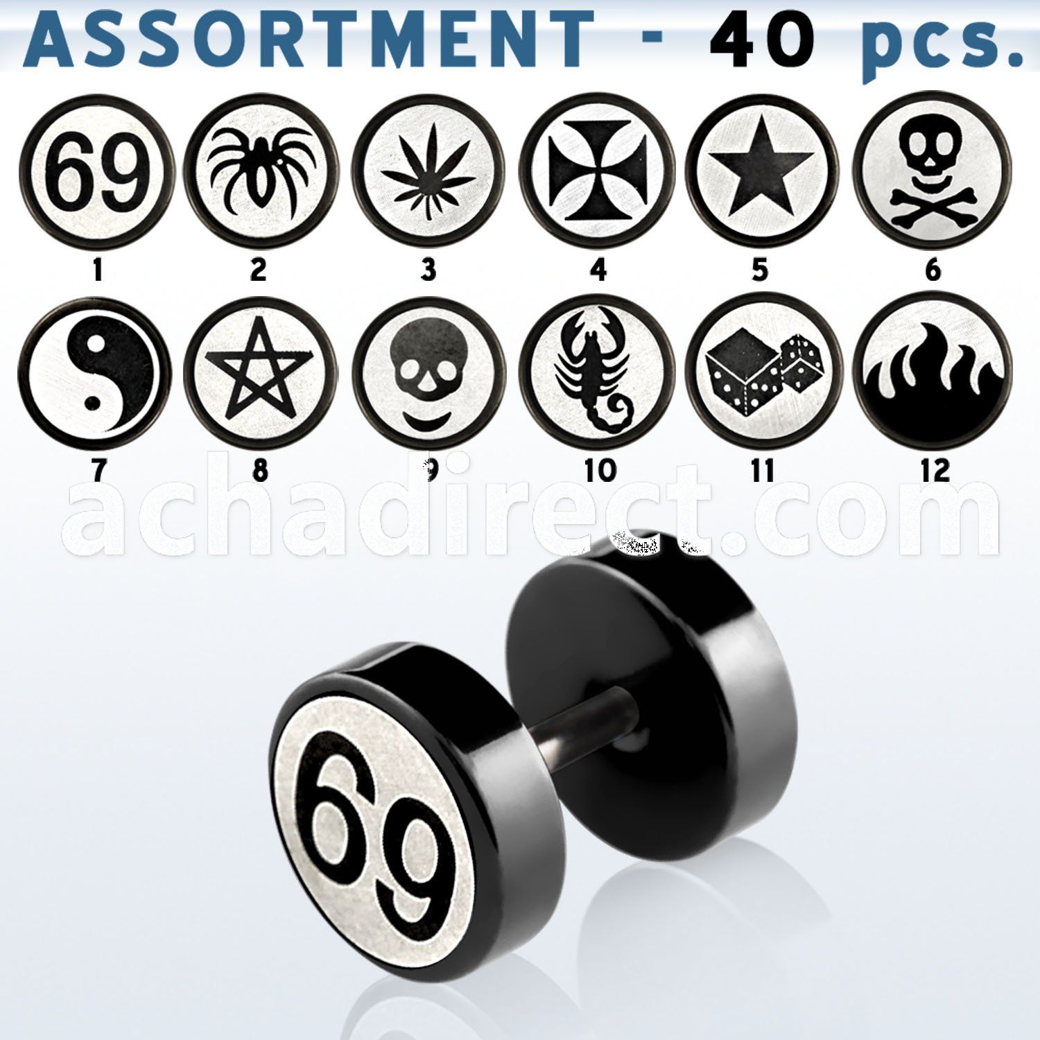 blk434 black anodized 316l steel fake plug in assorted designs