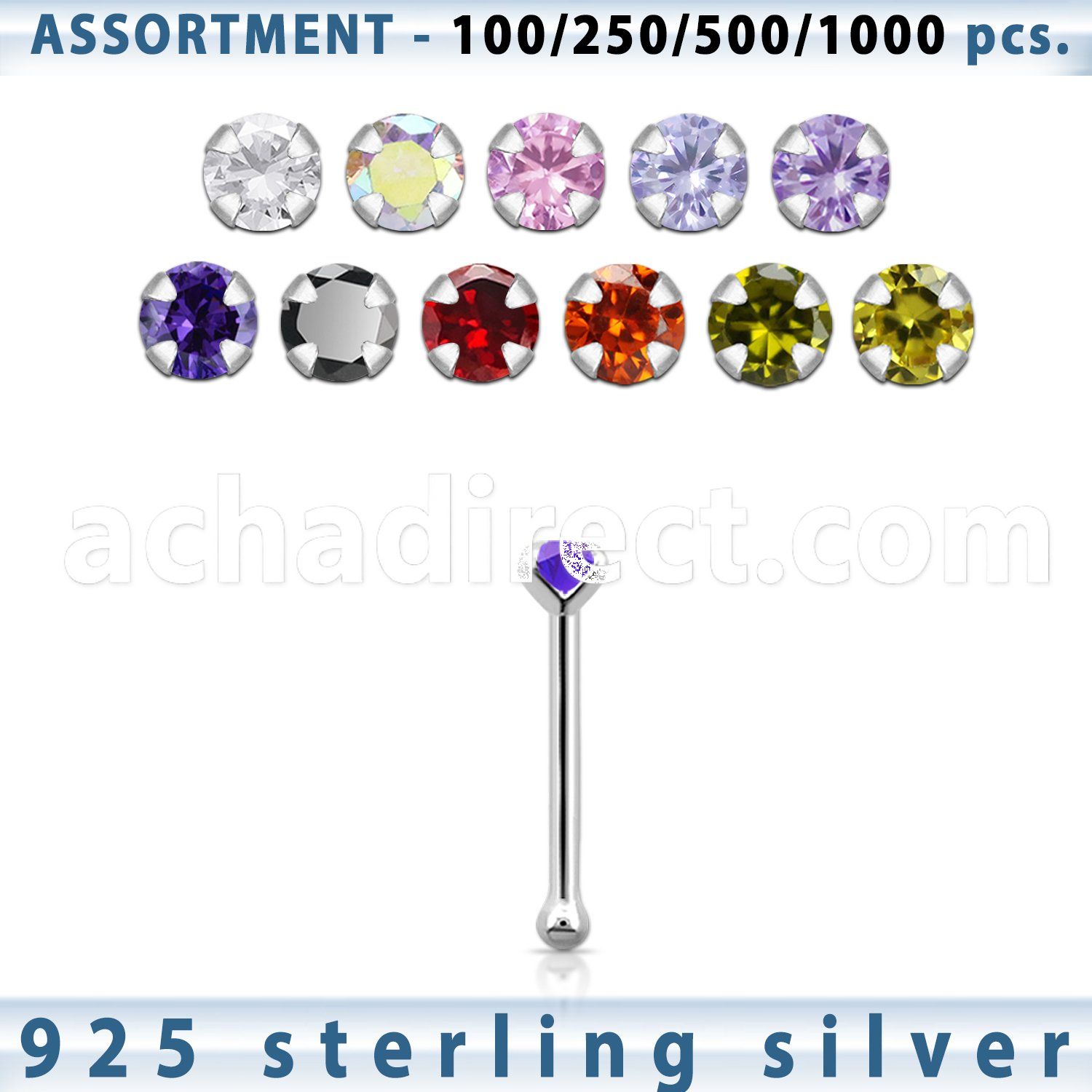 blk452 silver nose bone with 2mm round prong cz stone