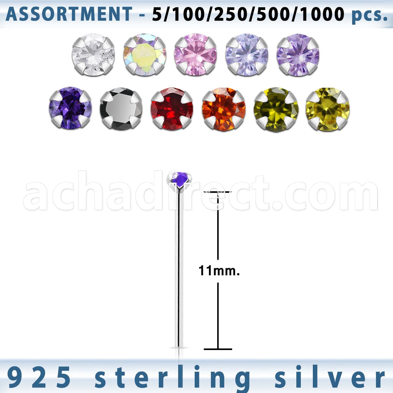 blk453 silver nose stud with 2mm round prong cz stone