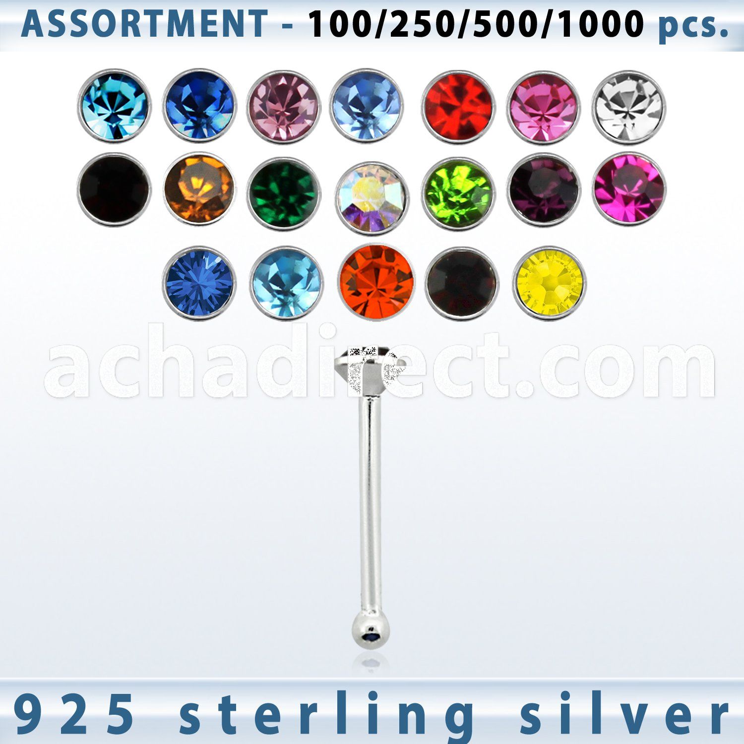blk454 silver nose bone with 1 5mm round crystal top