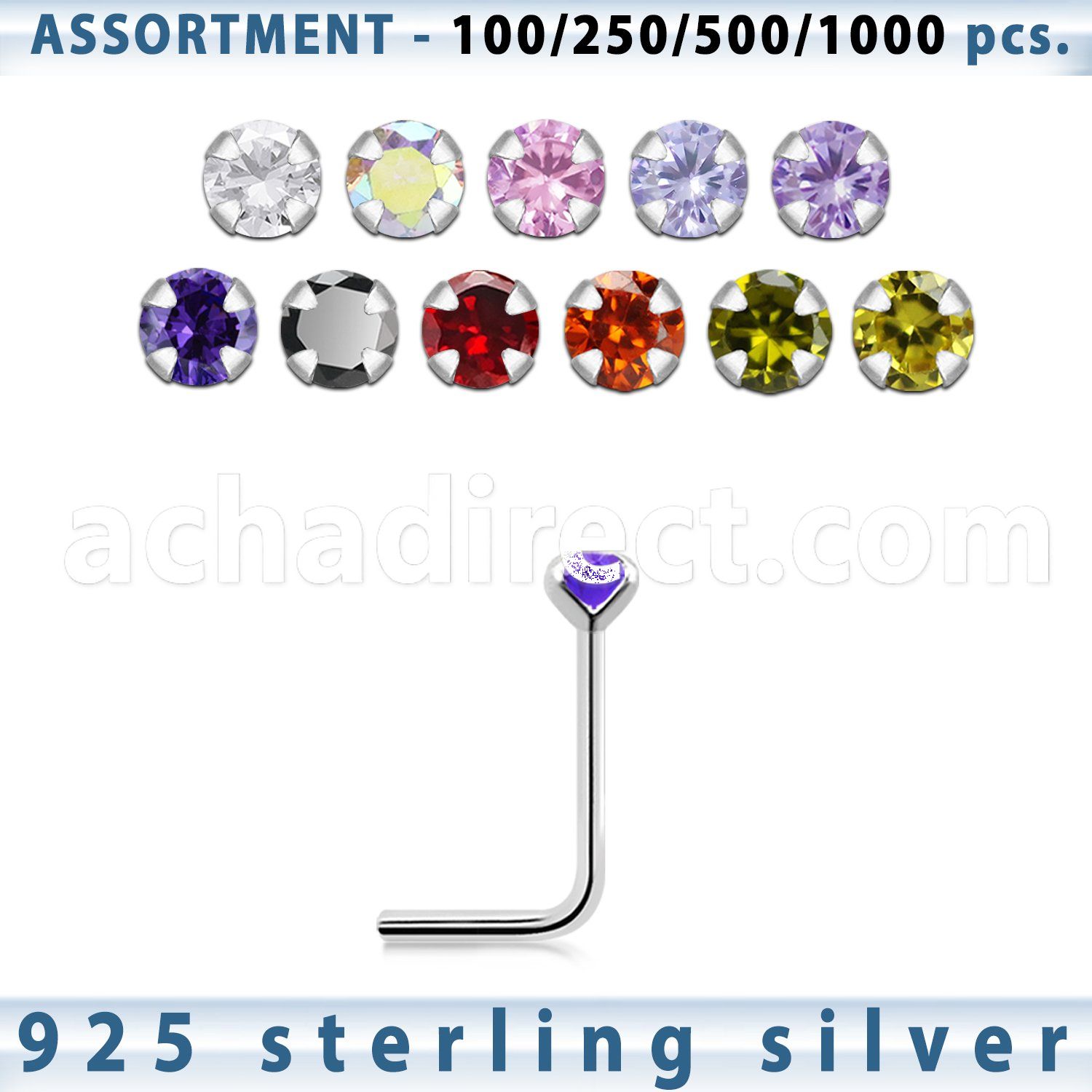 blk463 silver nose stud with 2mm round prong cz stone