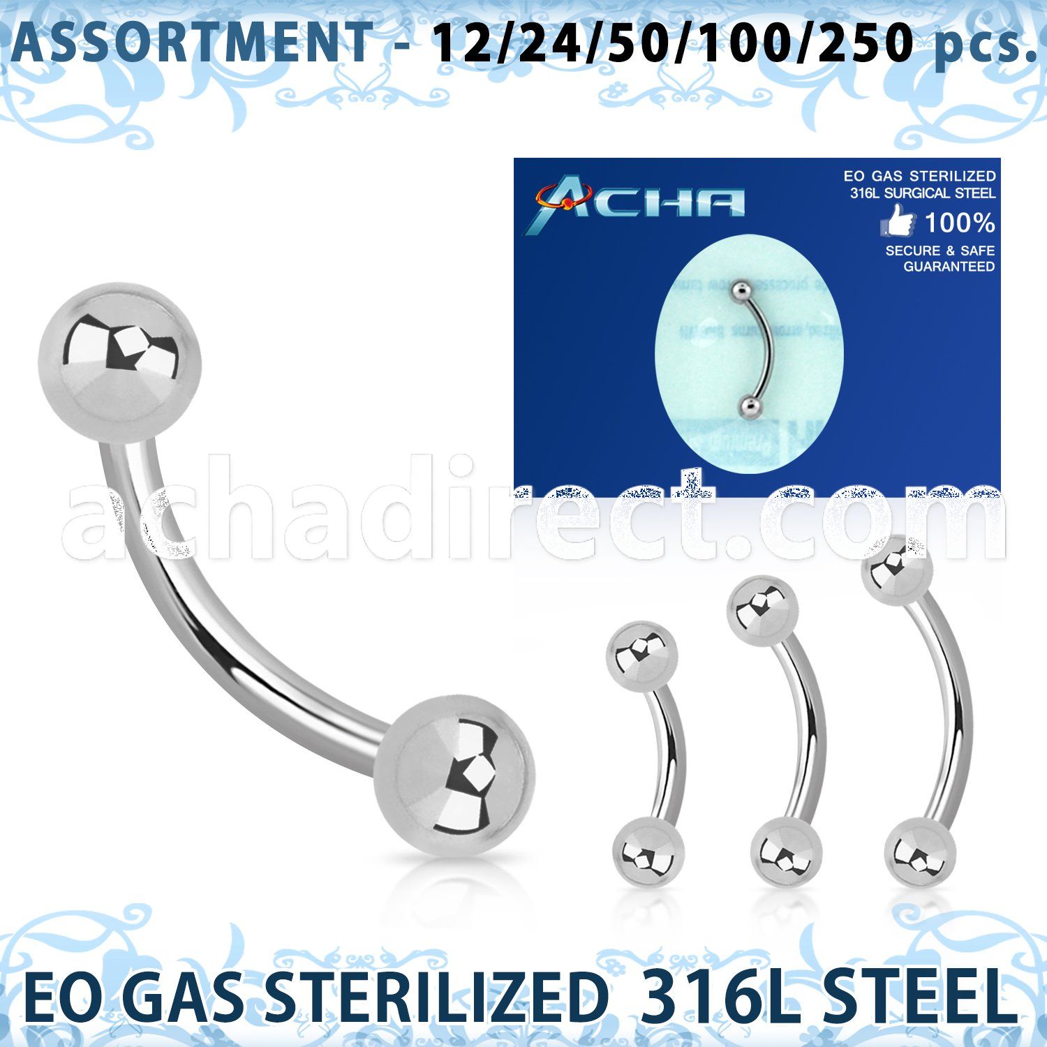 blk468 sterlized 316l steel eyebrow bananas with 3mm ball