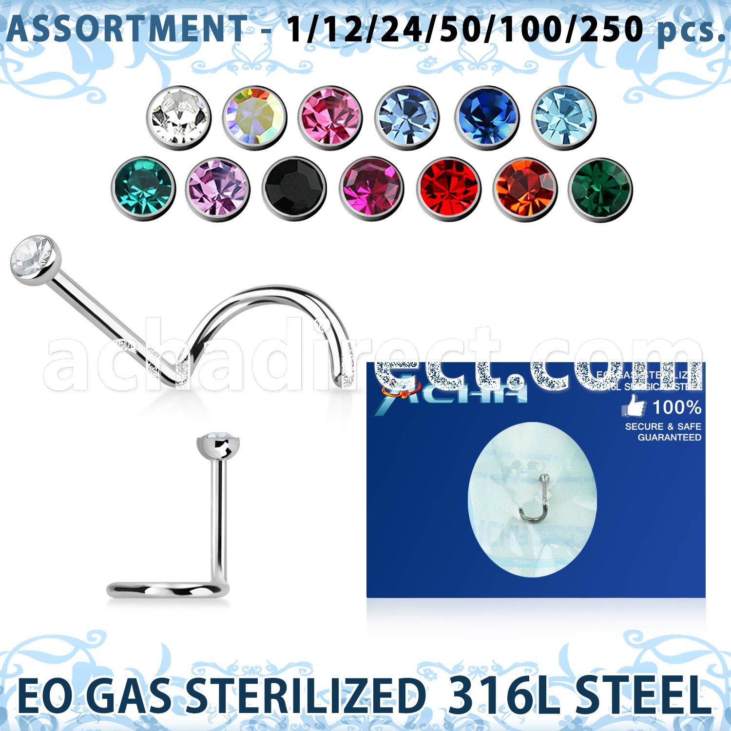 blk483 sterilized 316l steel nose screw with bezel crystal ball