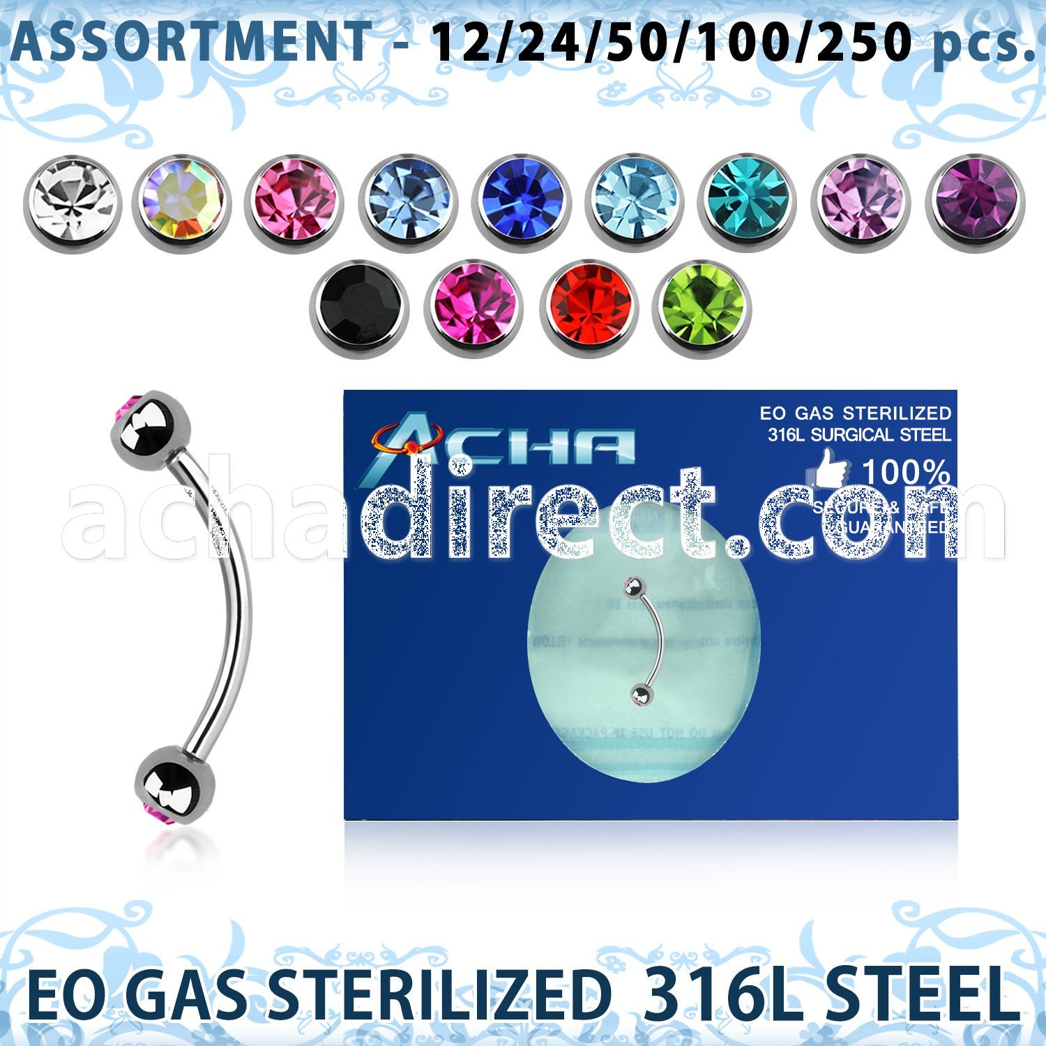 blk486 eo gas sterilized piercing surgical steel eyebrow banana 3mm