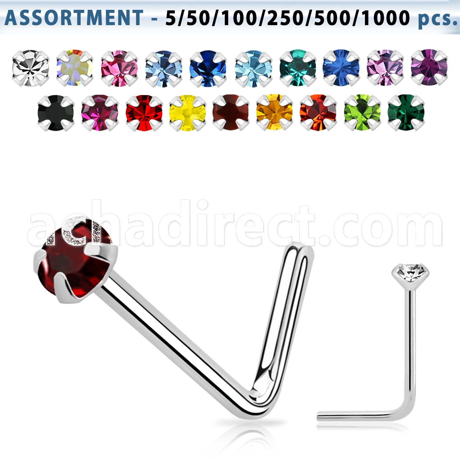 blk501 silver nose stud with 2mm round prong crystal