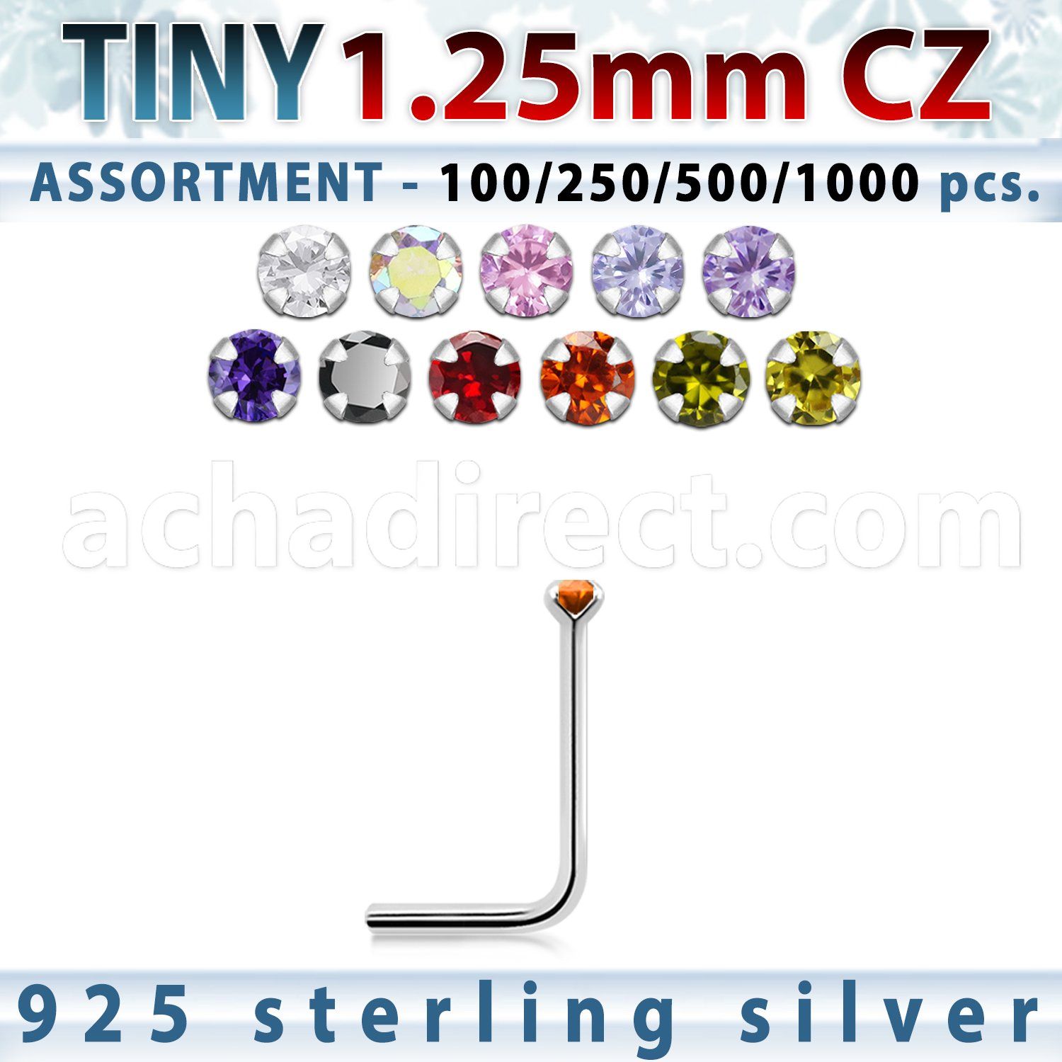 blk520 silver nose studs w 1 25mm round prong set cz