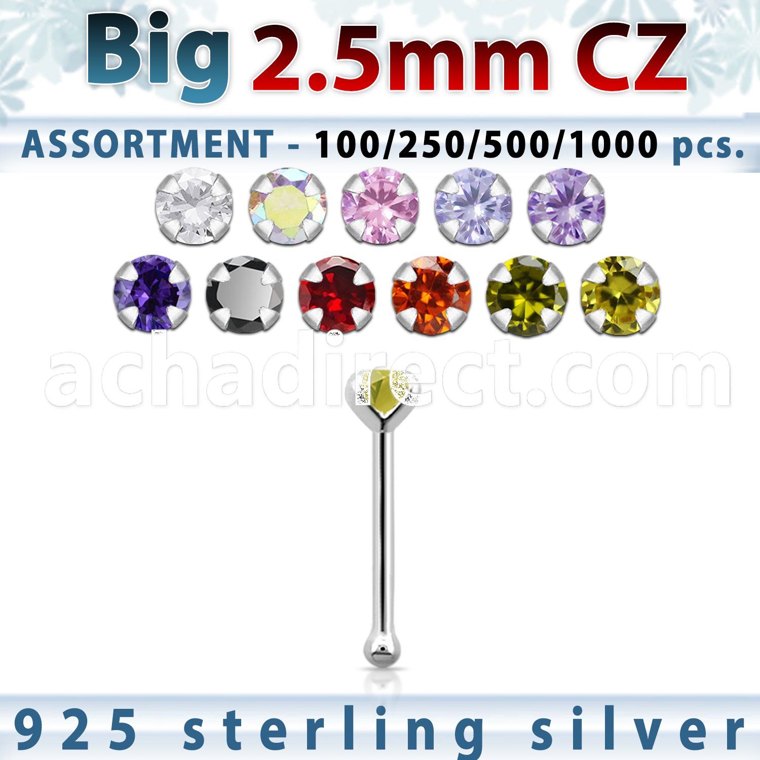blk521 silver nose bones with 2 5mm round prong set cz