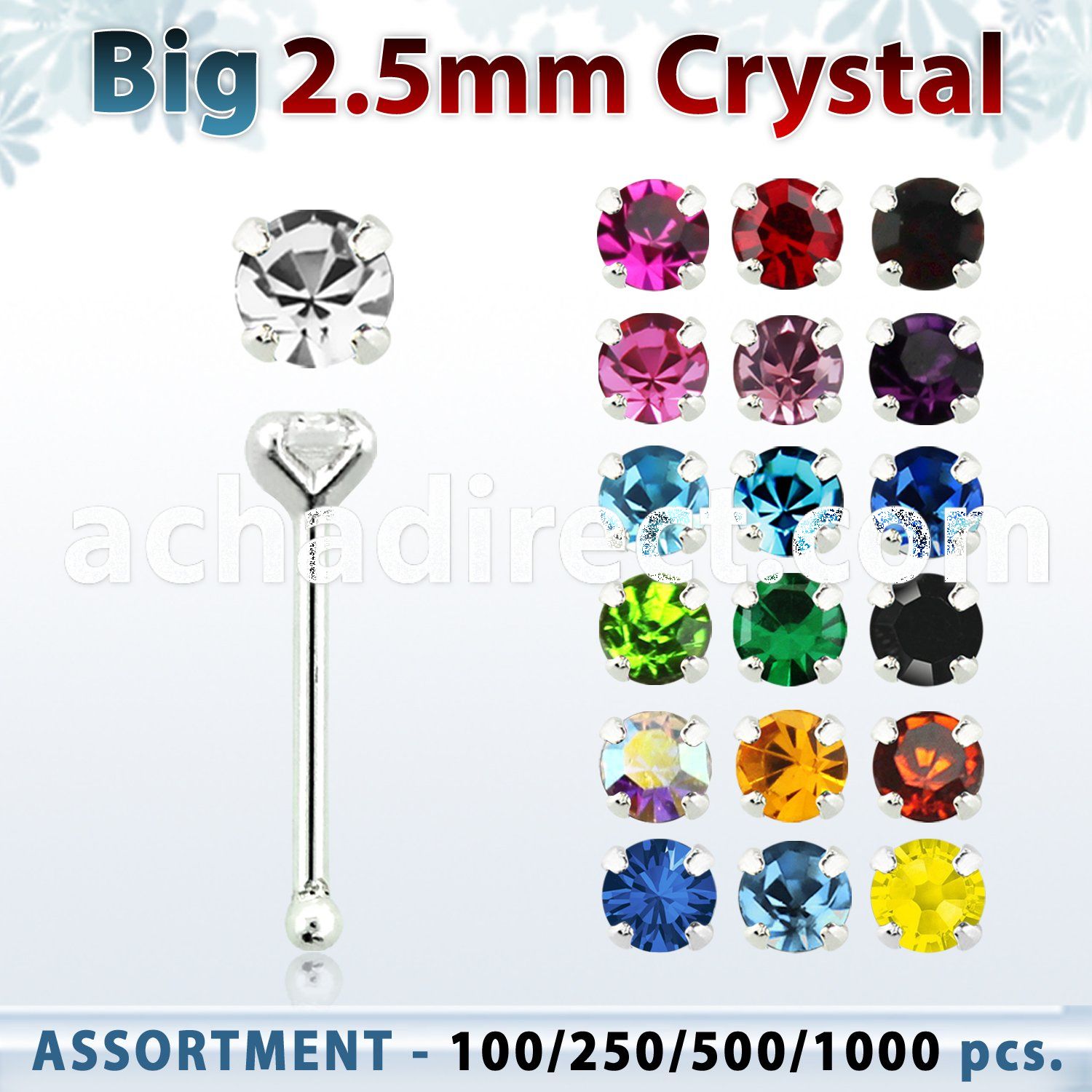 blk527 silver nose bones with 2 5mm round prong set crystal
