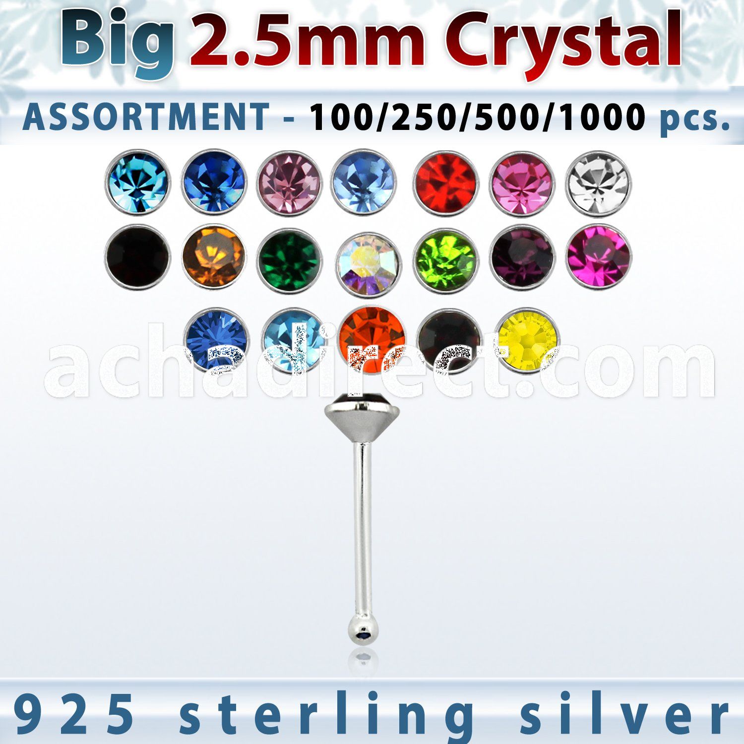 blk533 bulk of silver nose bones with 2 5mm round crystal top