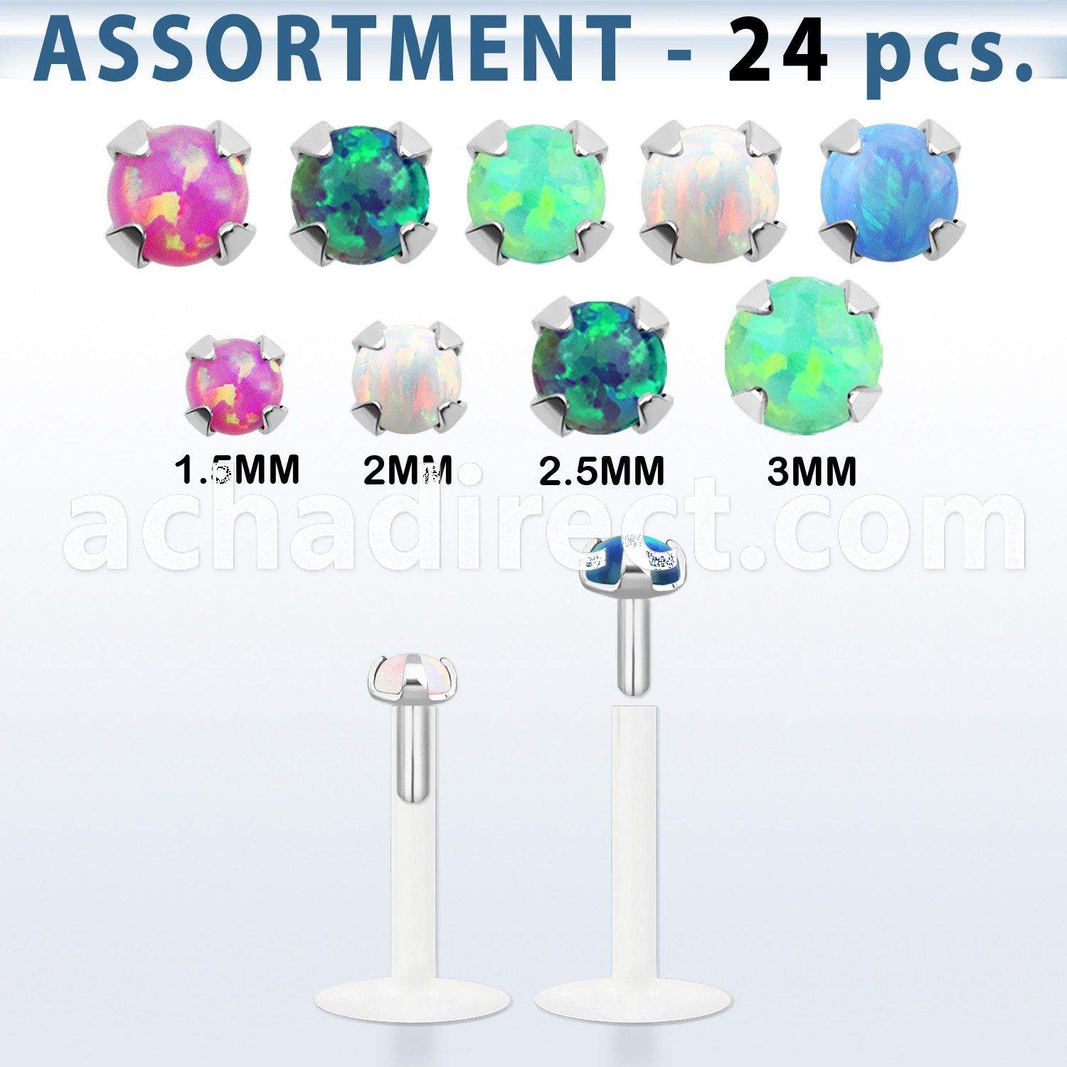 blk580 bulk of bio flex labrets w prong set synthetic opal tops