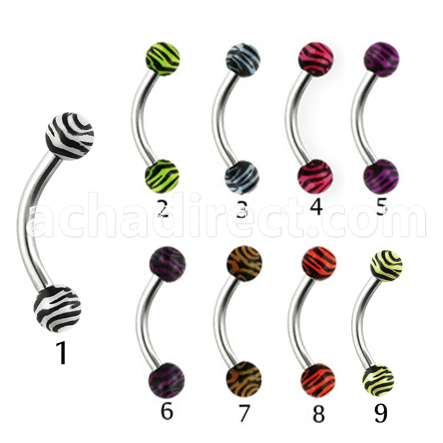 bnedxj 316l steel eyebrow banana with 3mm zebra striped ball