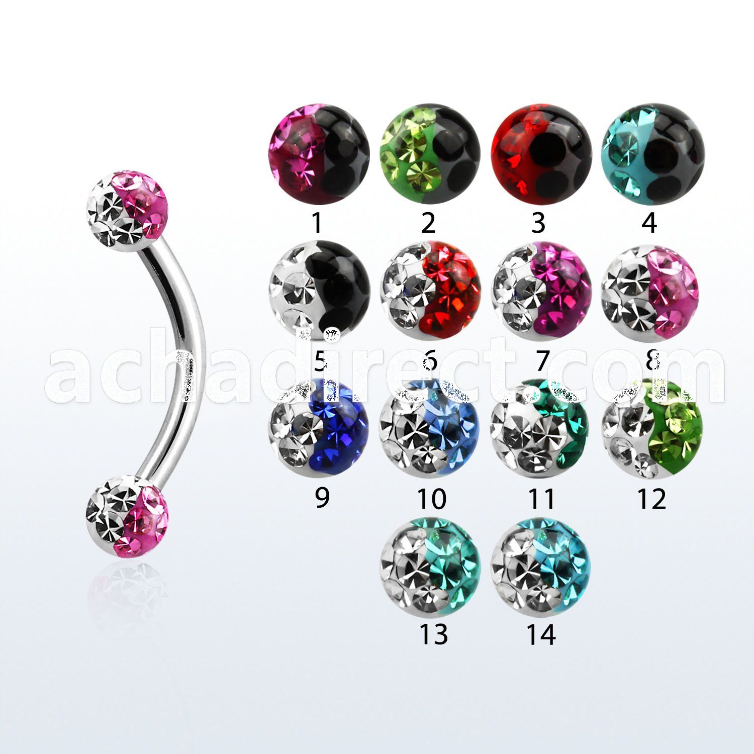 bnefr3e 316l steel eyebrow banana w 2 color crystal ball