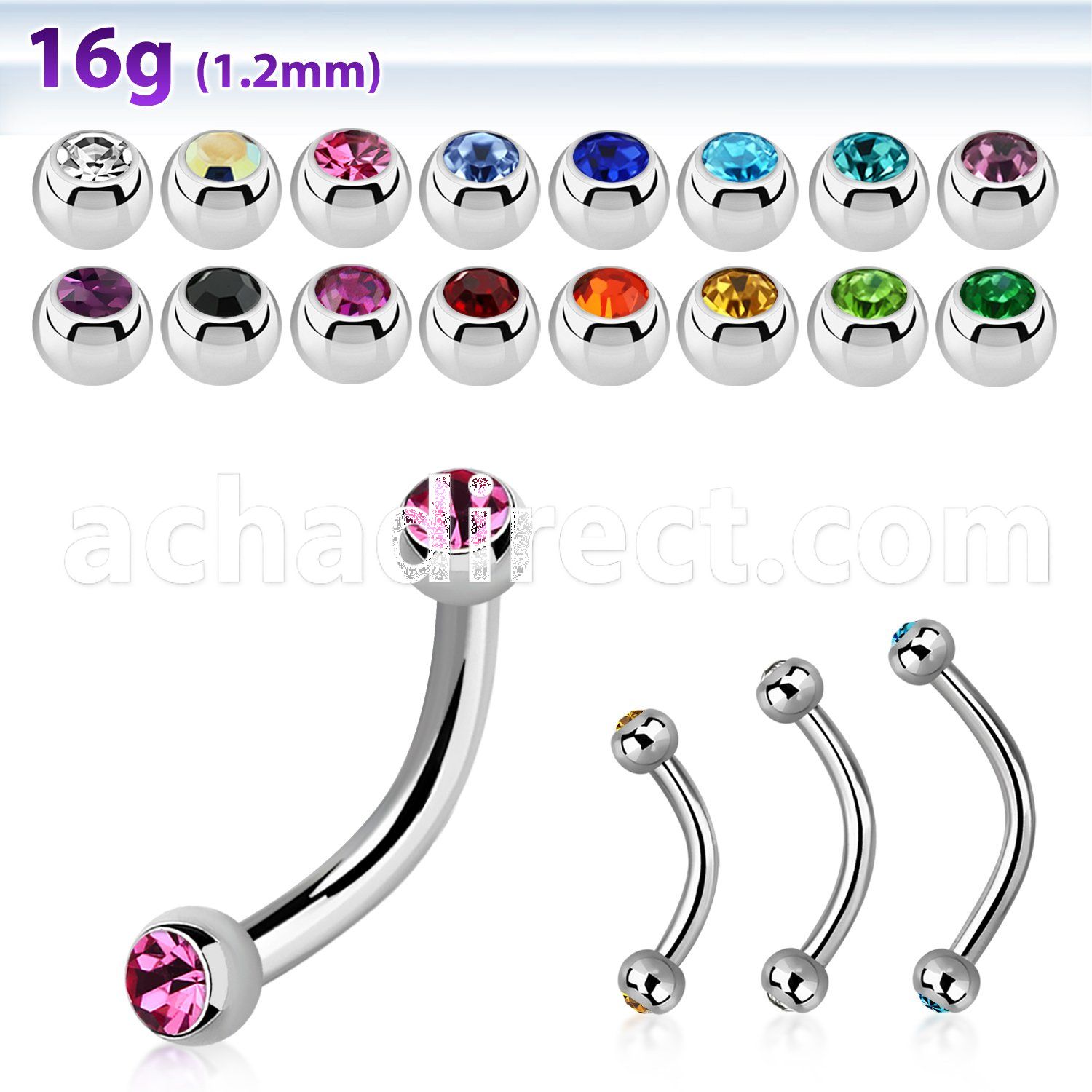 bnejb25 316l steel eyebrow banana w two tiny 2 5mm jewel balls