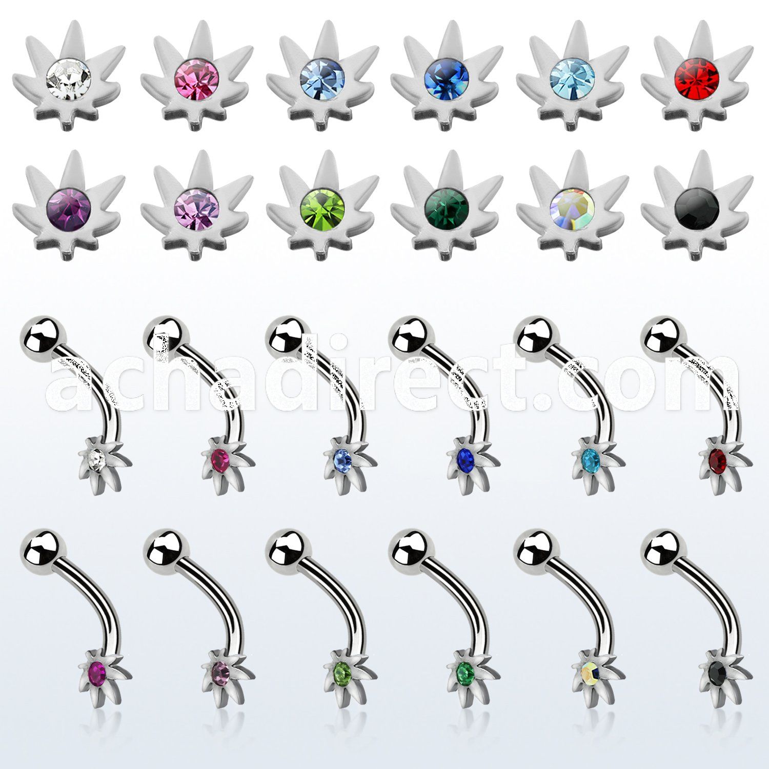 bnemac 316l steel eyebrow banana with central crystal marijuana