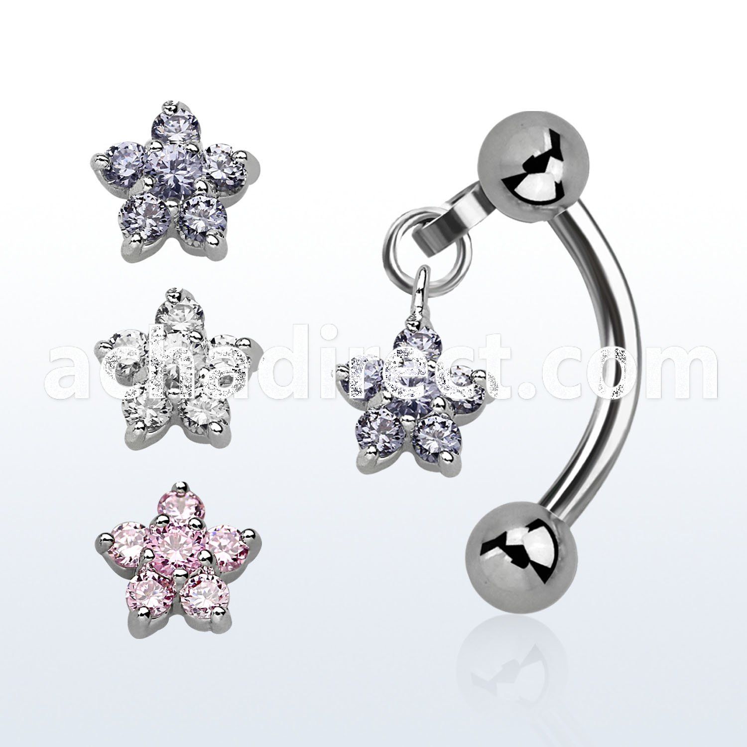 bner61 316l steel eyebrow banana w a dangling cz flower