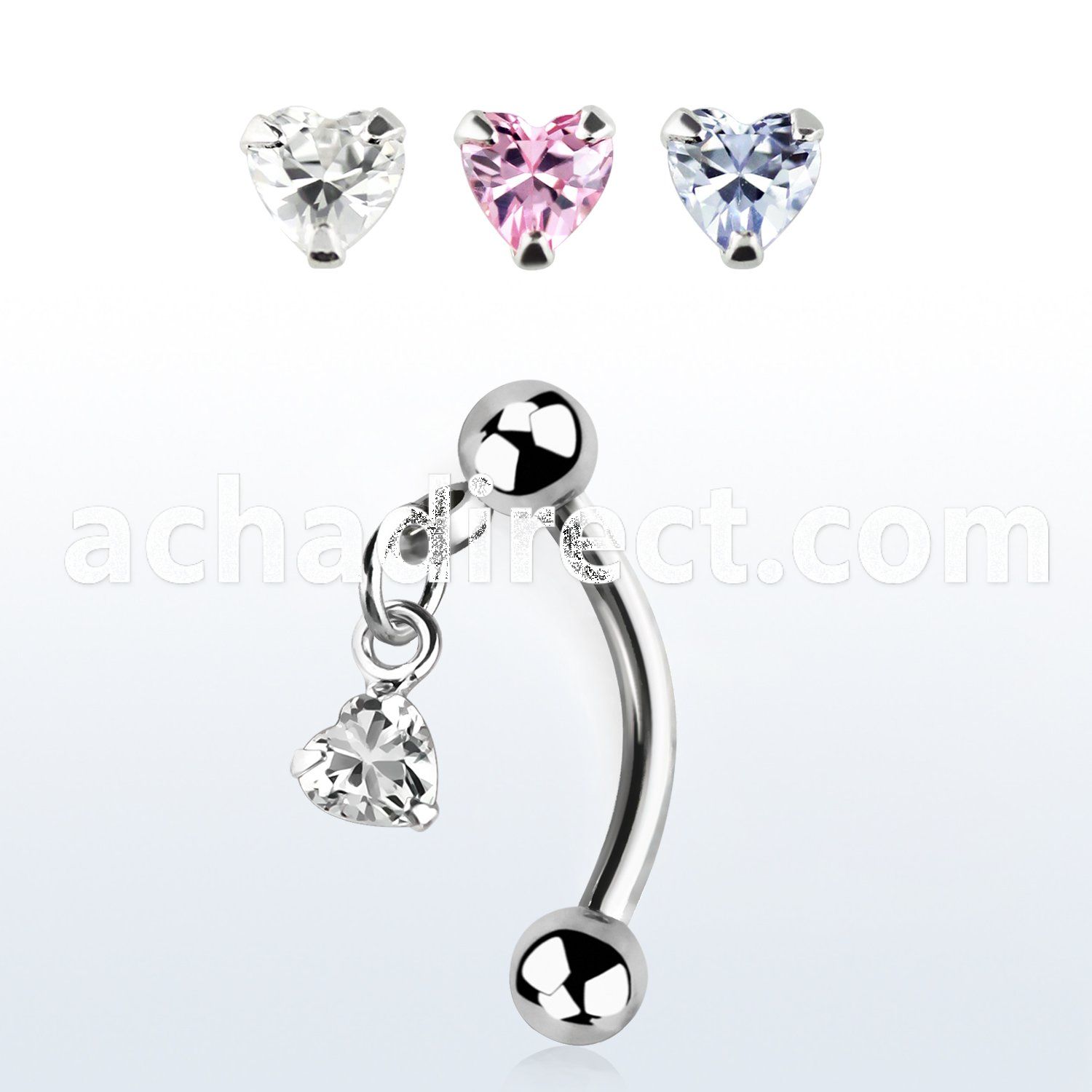 bnerv6 316l steel eyebrow banana w 3mm ball heart prong cz