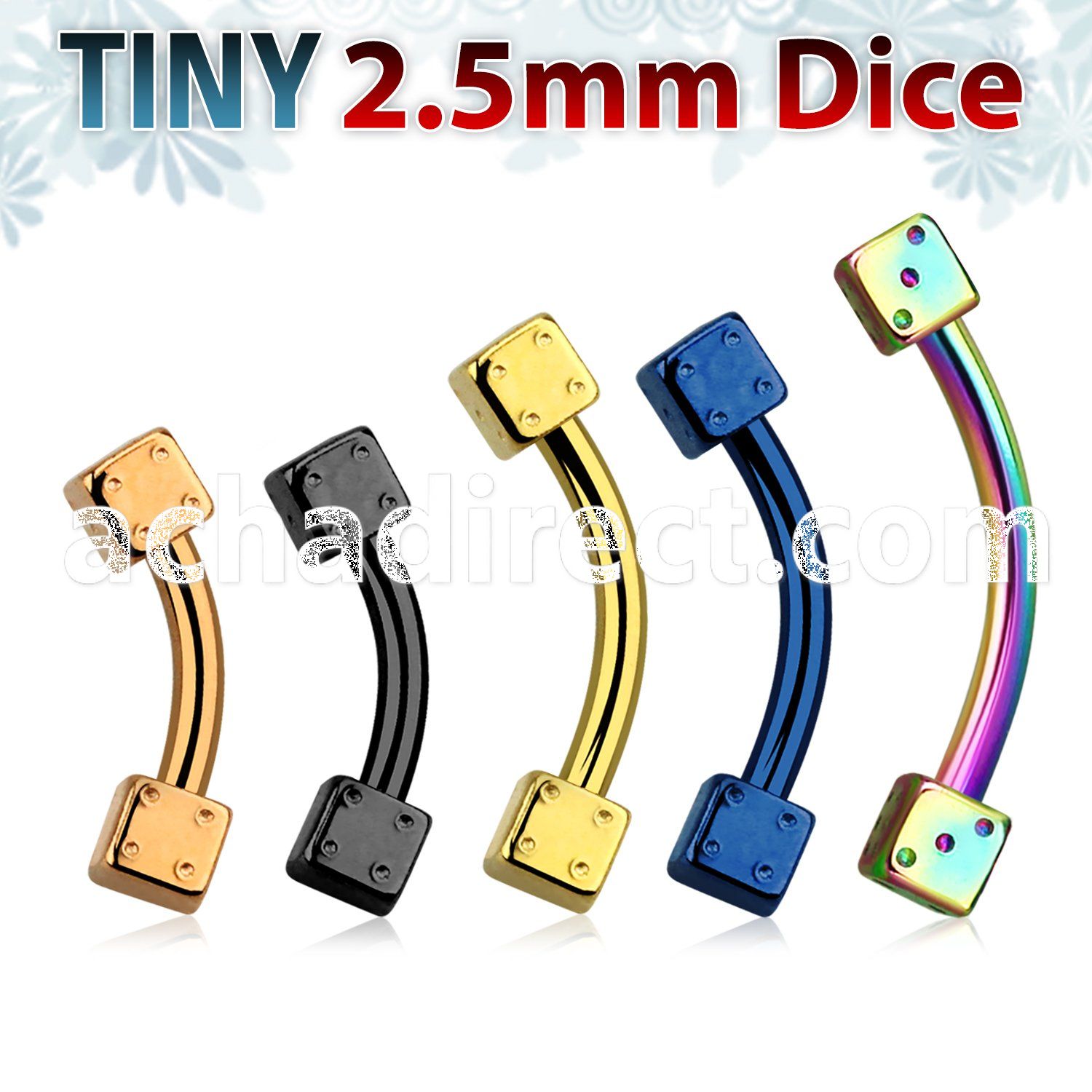 bnet2d25 anodized 316l steel eyebrow banana with two 2 5mm dices