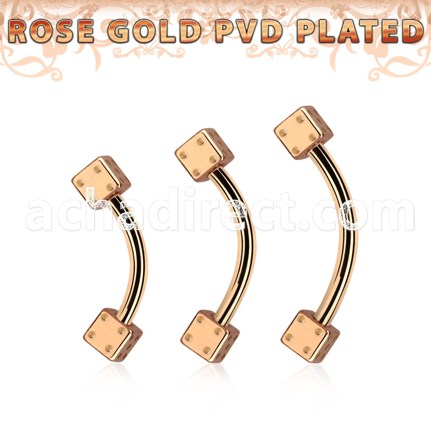 bnett2di rose gold steel eyebrow banana w 2 3mm dices