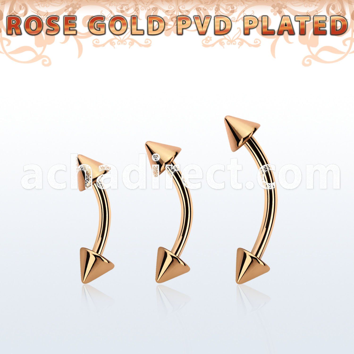 bnettcn4 rose gold steel eyebrow banana w 2 4mm cones
