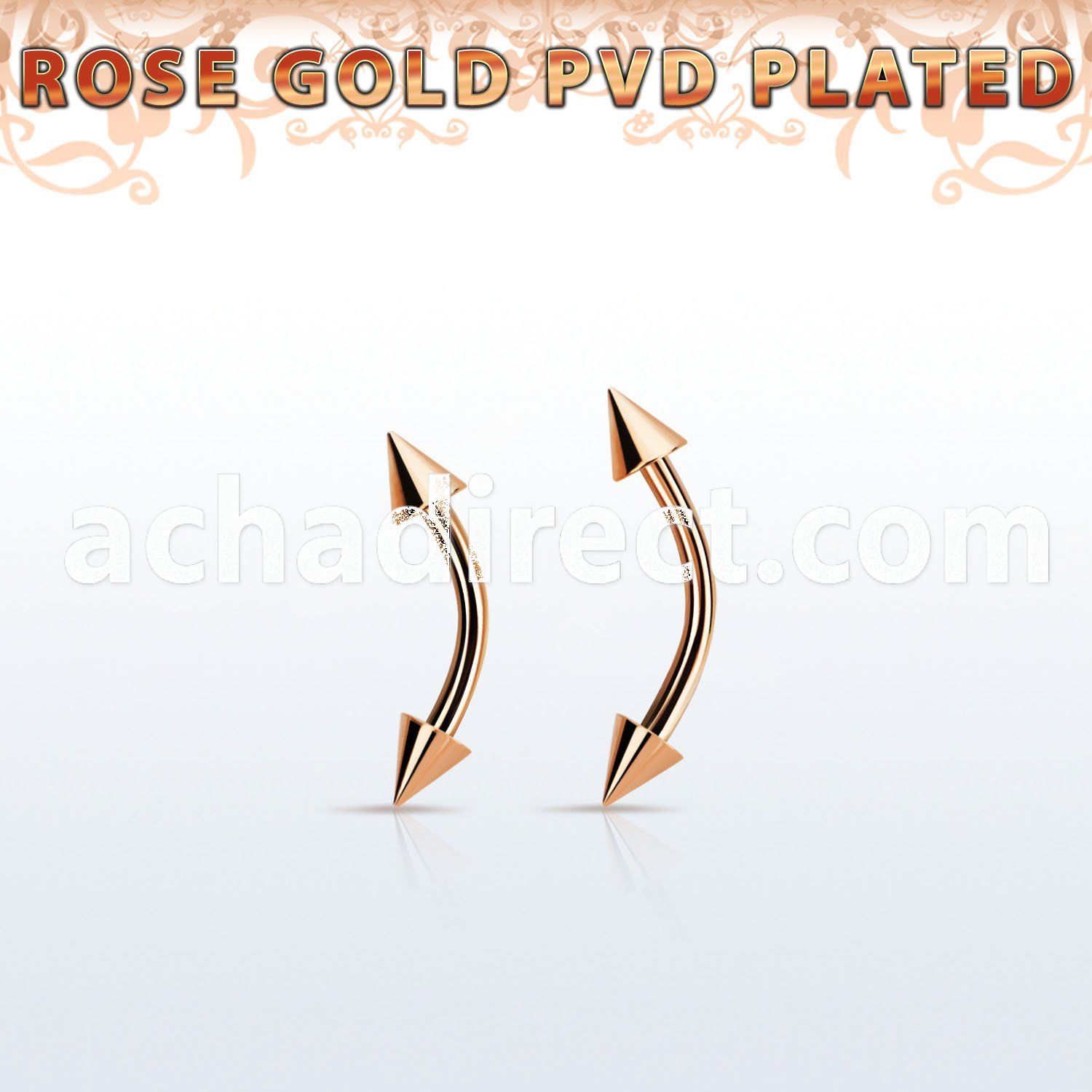 bnettcn rose gold 316l steel eyebrow banana, w two 3mm cones