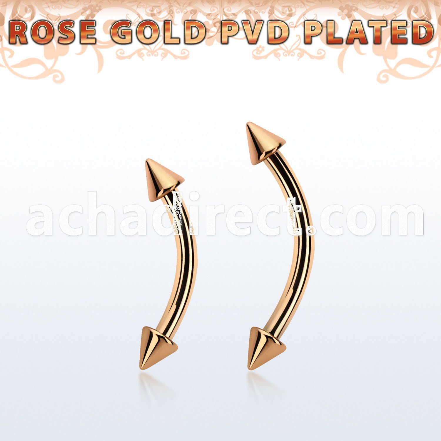 bnettn25 rose gold steel eyebrow banana w 2 2.5mm cones