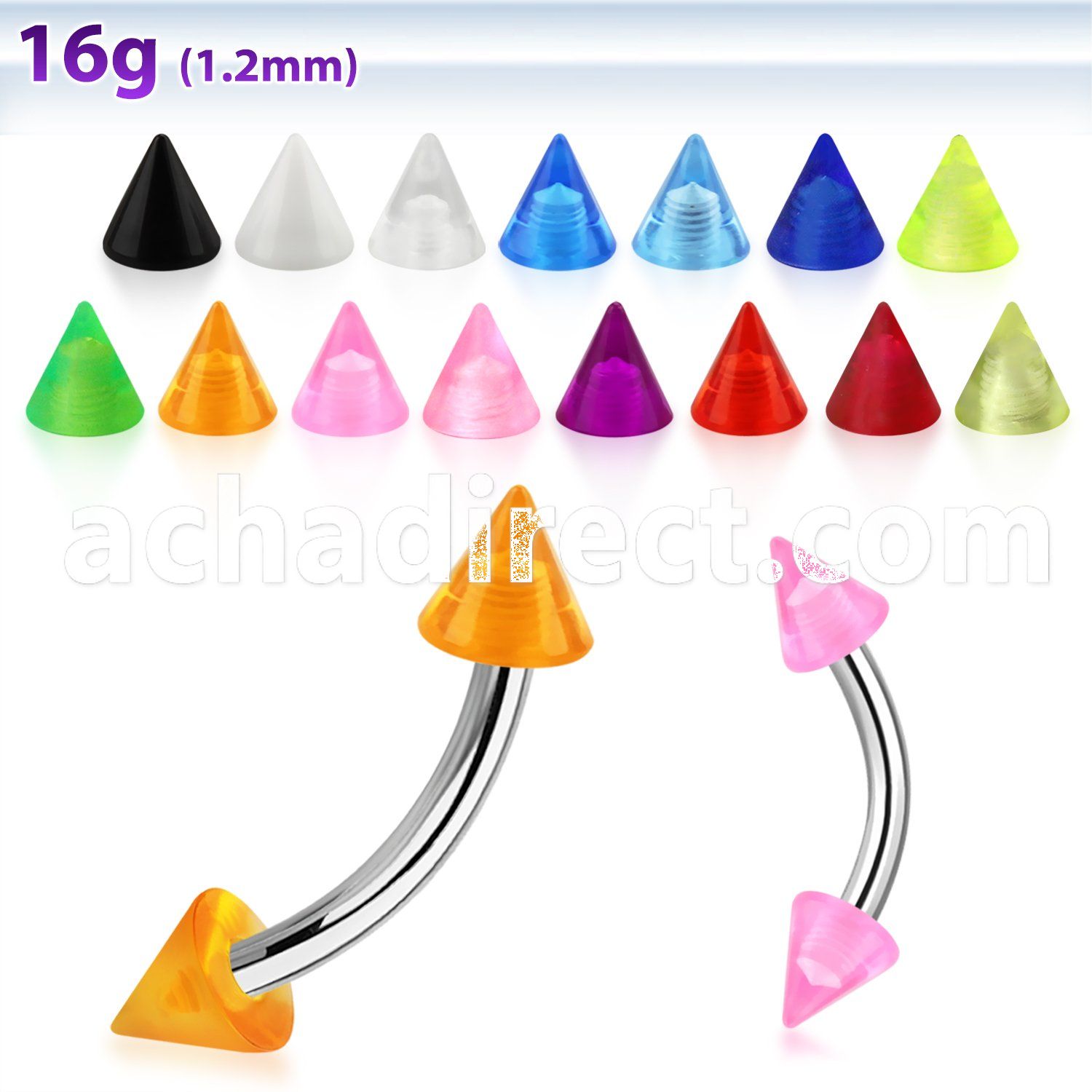 bneuvcn 316l steel eyebrow banana with 3mm uv acrylic cone