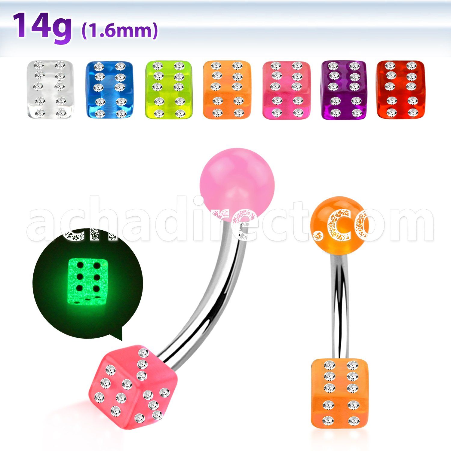 bngldic 316l steel belly banana w 5mm glow ball crystal dice