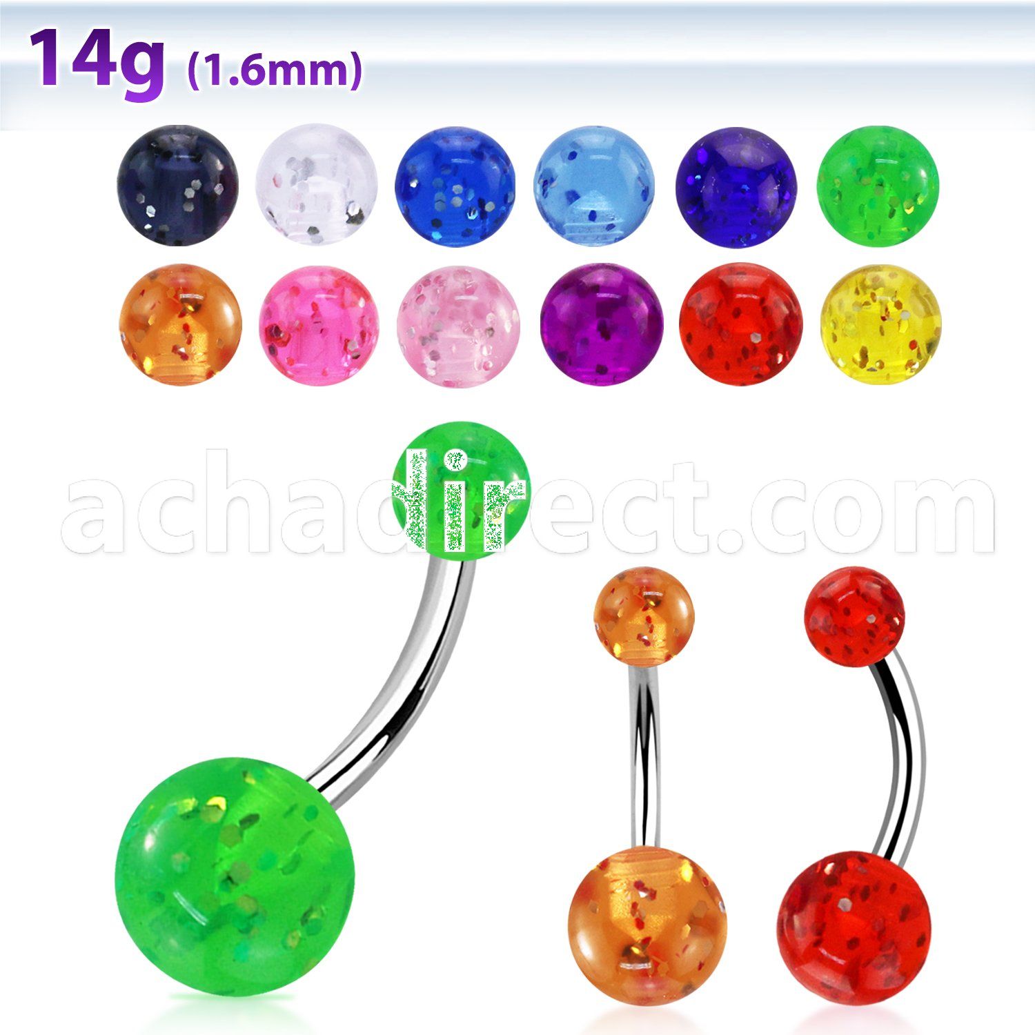 bngt 316l steel belly banana w 5 8mm acrylic glitter ball