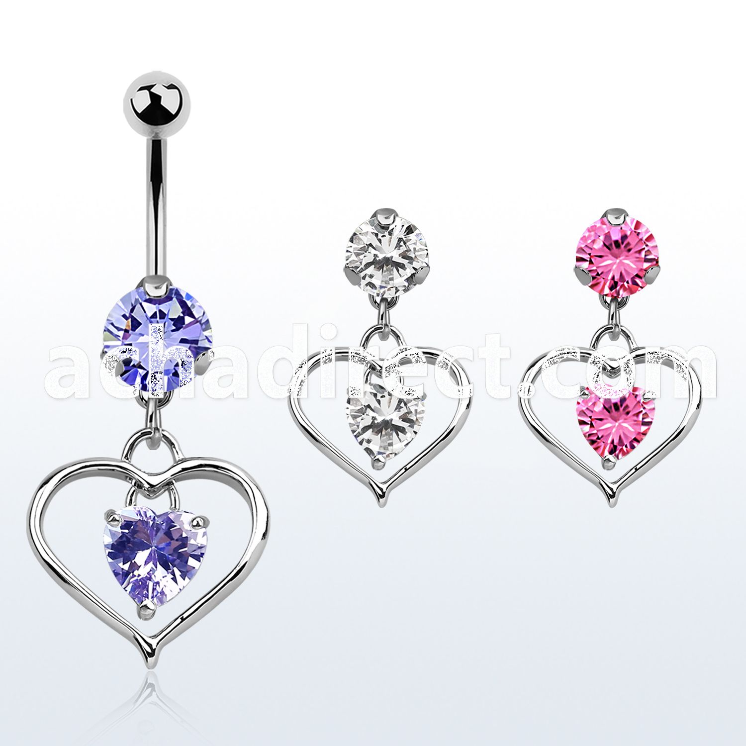 bnrz115 casted steel cz belly banana w heart w heart shaped cz
