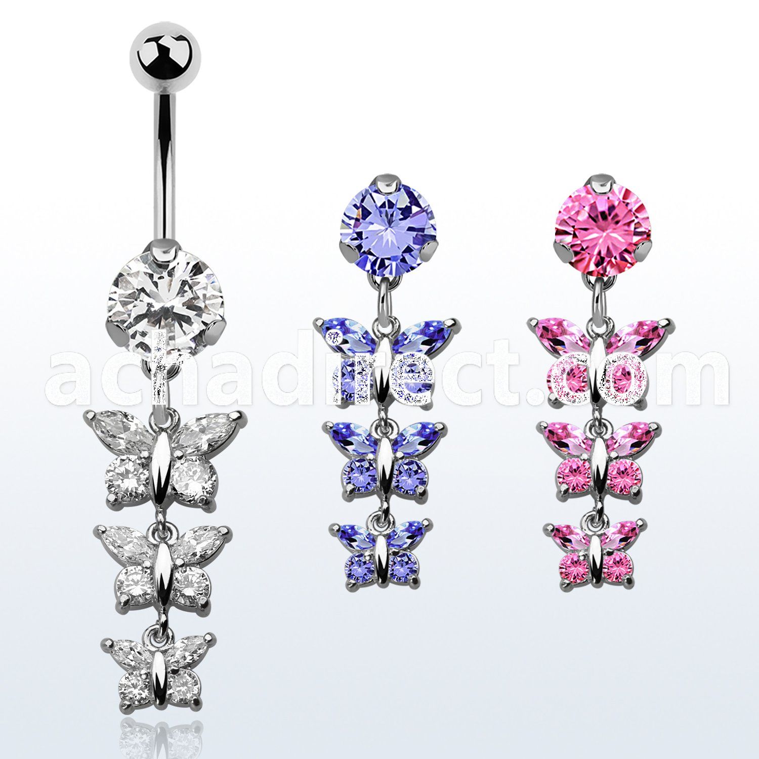 bnrz289 casted steel cz belly banana w chain of 3 cz butterflies