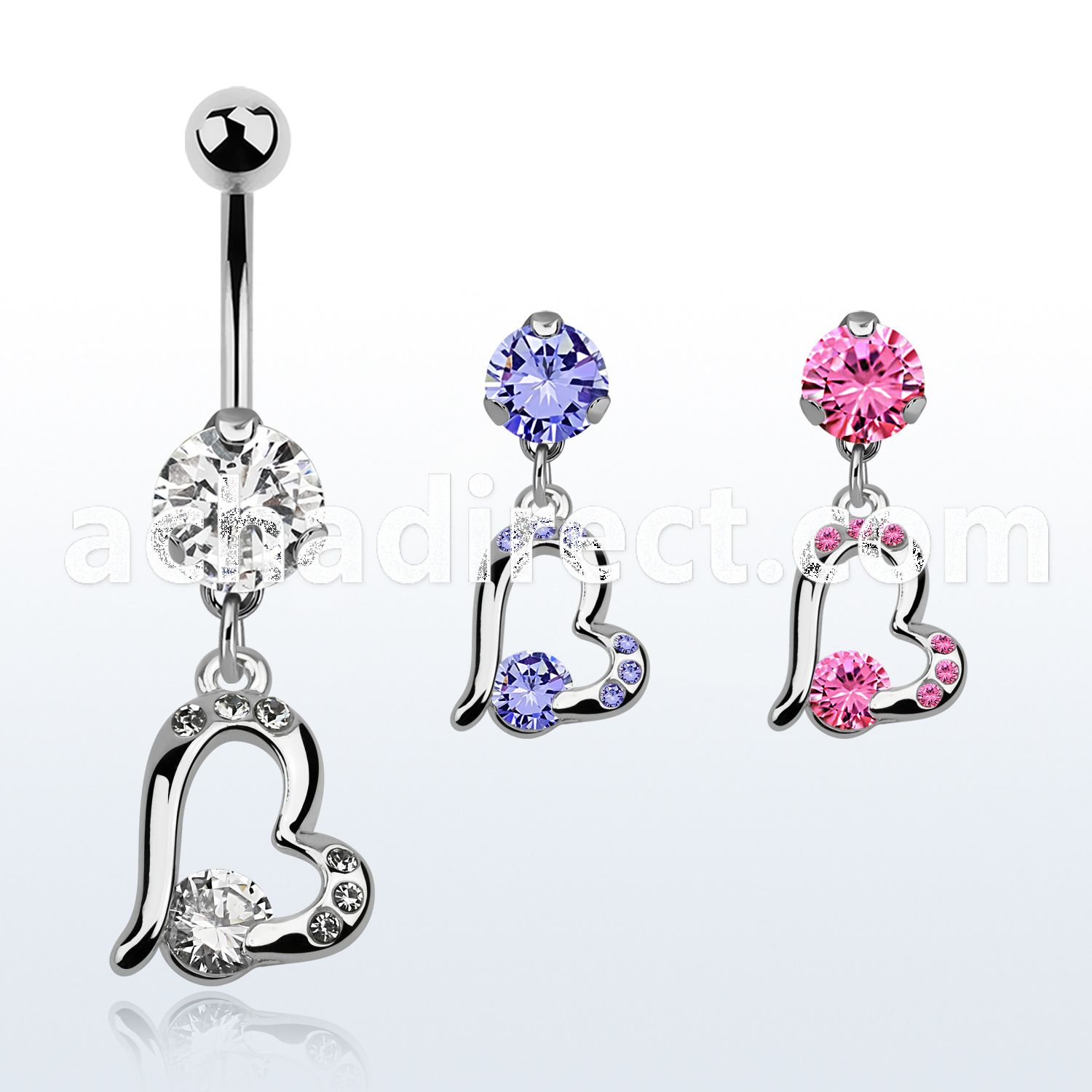 bnrz362 casted steel cz belly banana w heart w a prong set cz