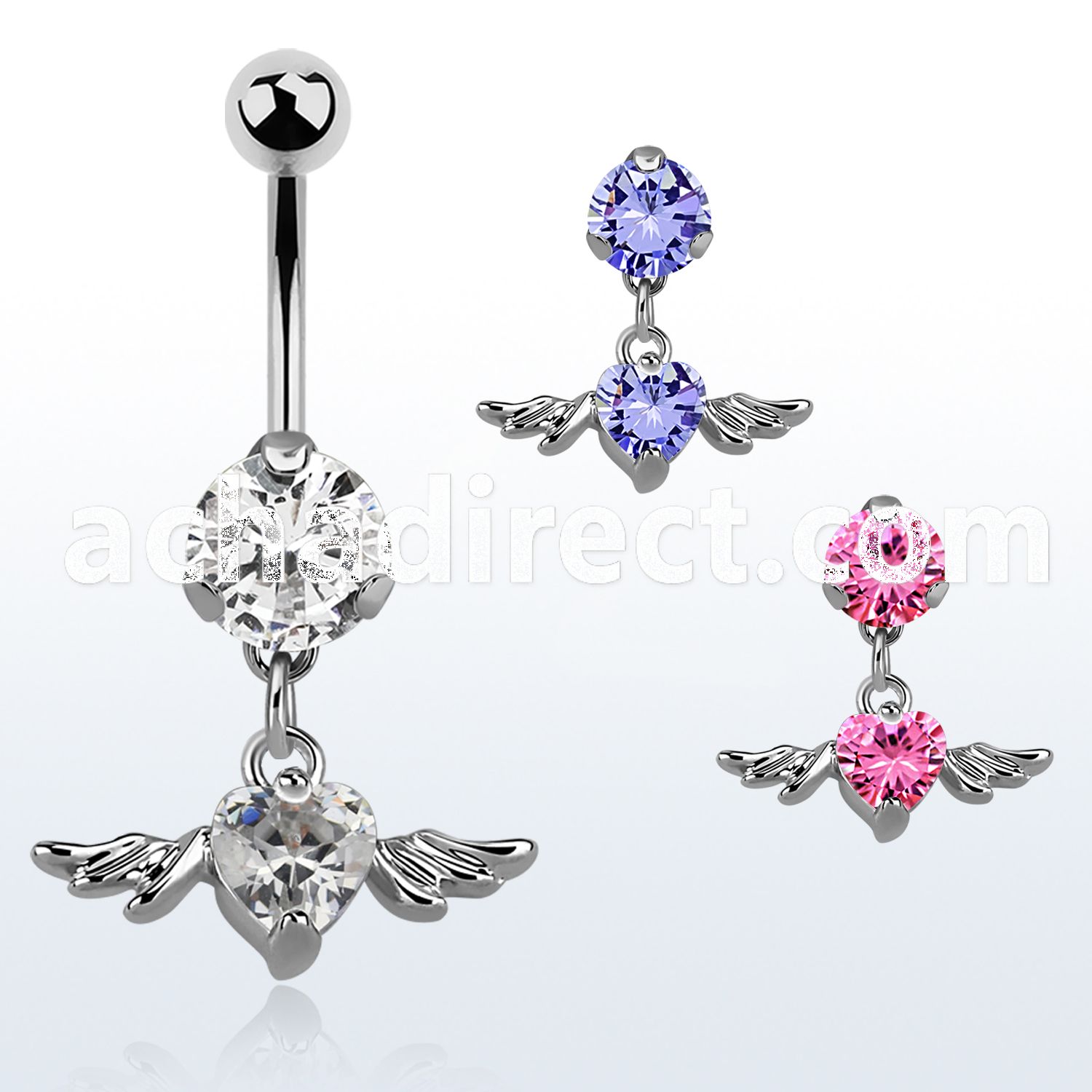 bnrz367 casted steel cz belly banana w heart shaped cz w wings